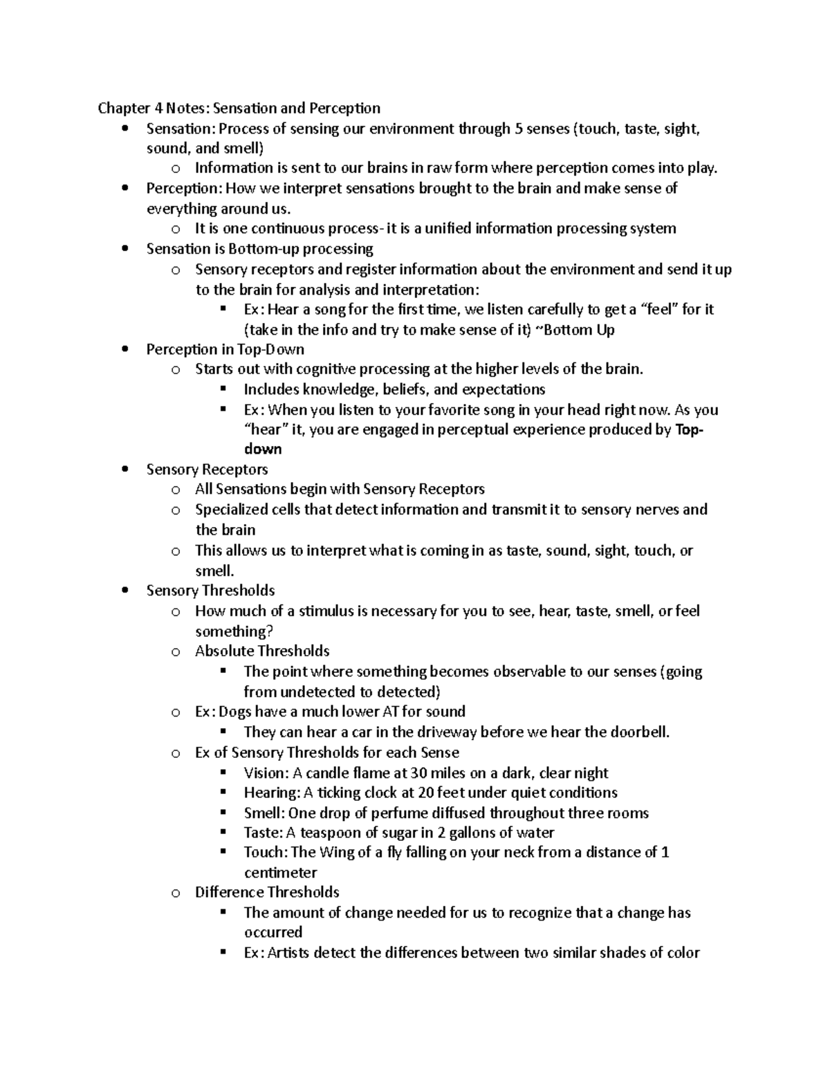 Chapter 4: Sensation and Perception - Chapter 4 Notes: Sensation and ...