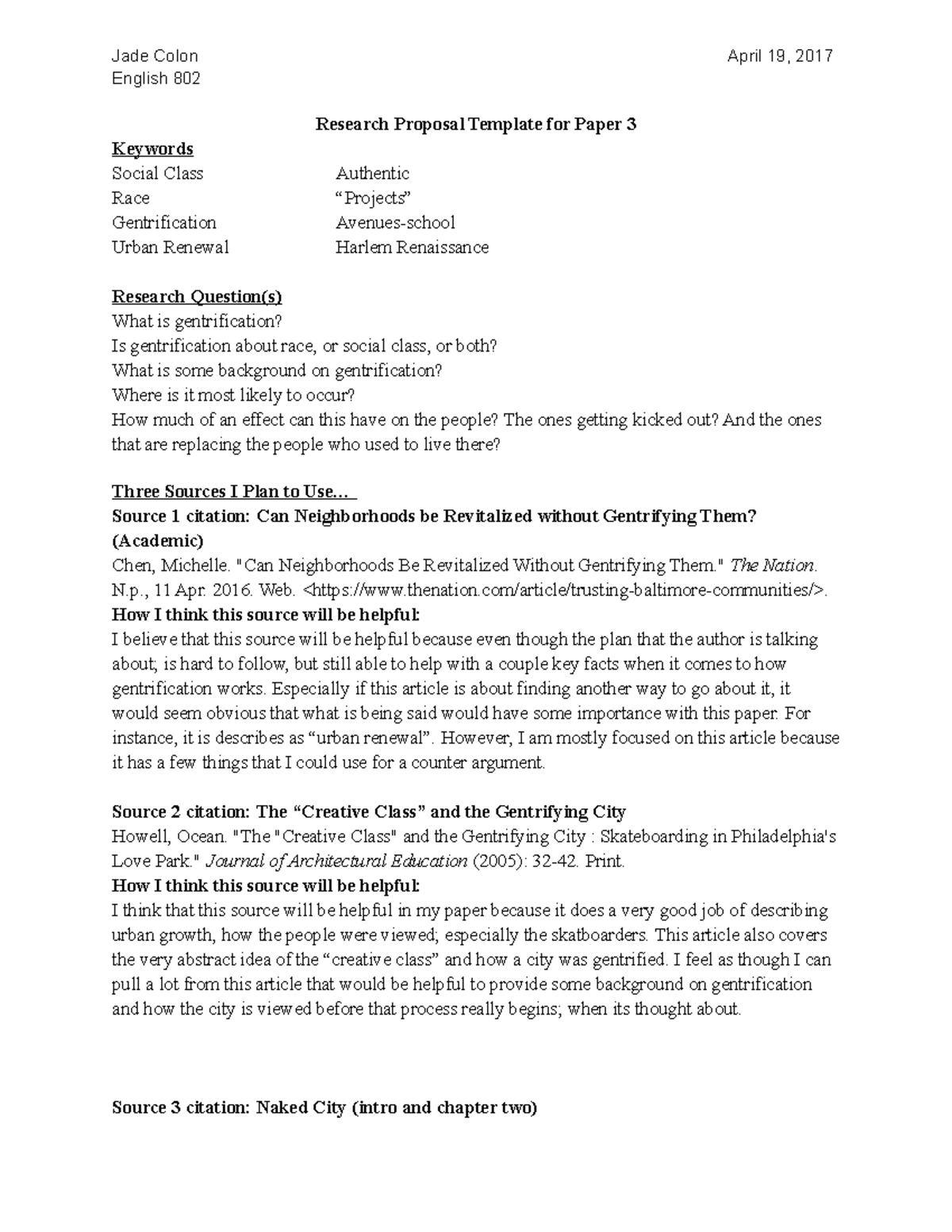 Proposal Essay 3 English 802 - Jade Colon English 802 April 19, 2017 ...