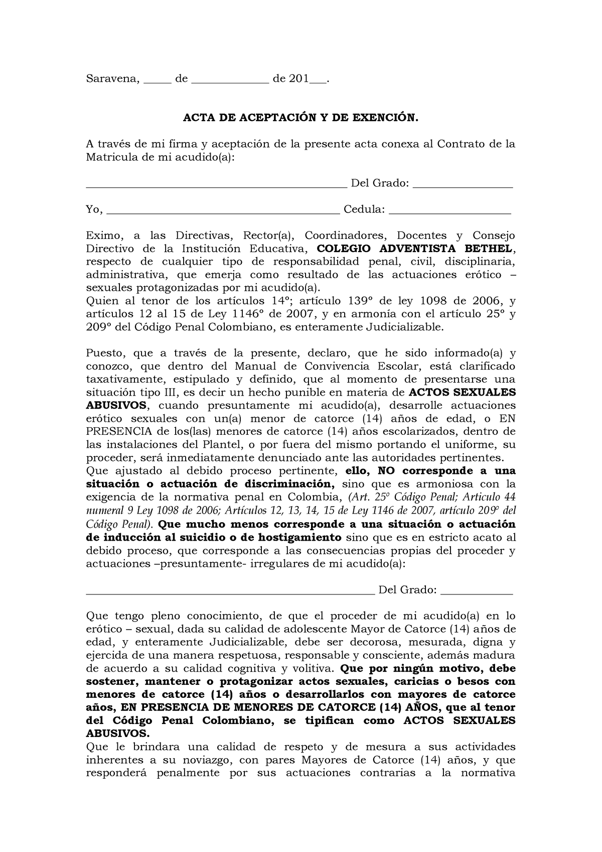 Acta De Aceptación Y De Exención Abuso Sexual Saravena De