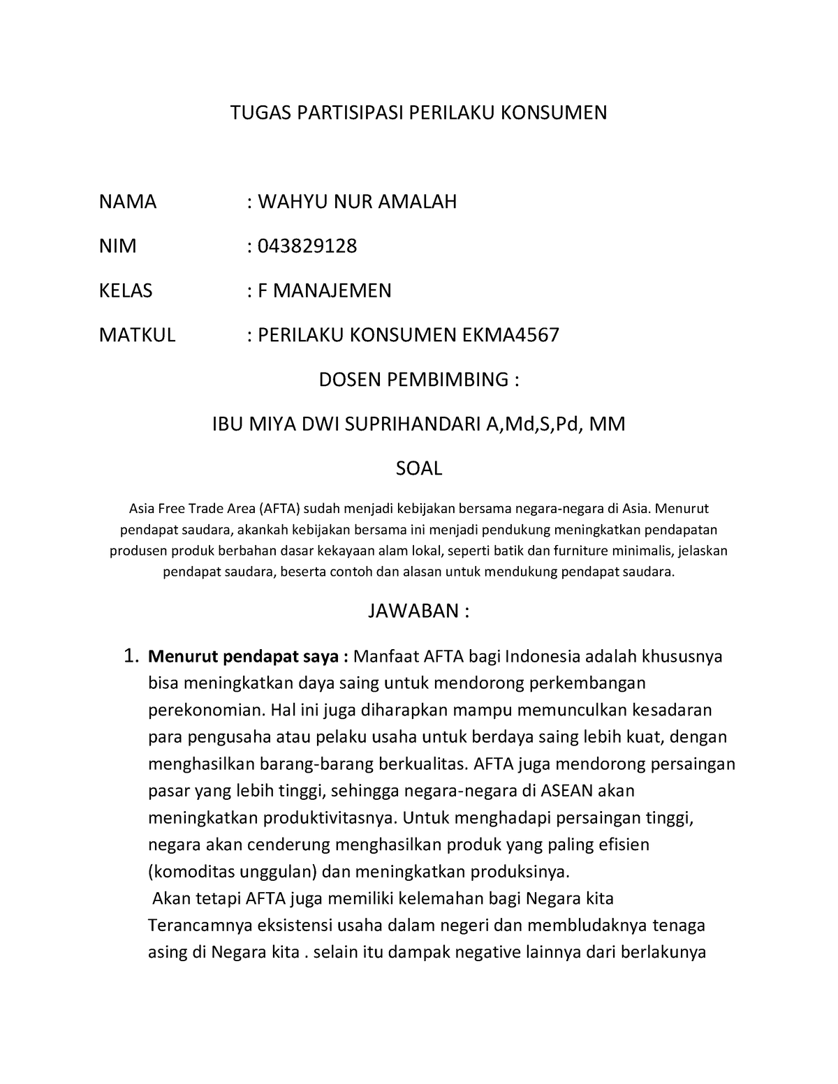 Tugas Partisipasi Perilaku Konsumen Wahyu NUR Amalah ( 043829128 ...