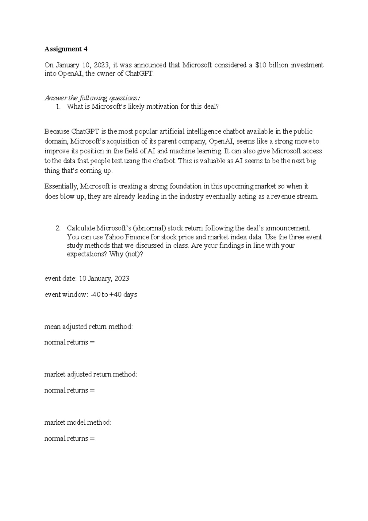 Assignment lecture 4 - Assignment 4 On January 10, 2023, it was ...