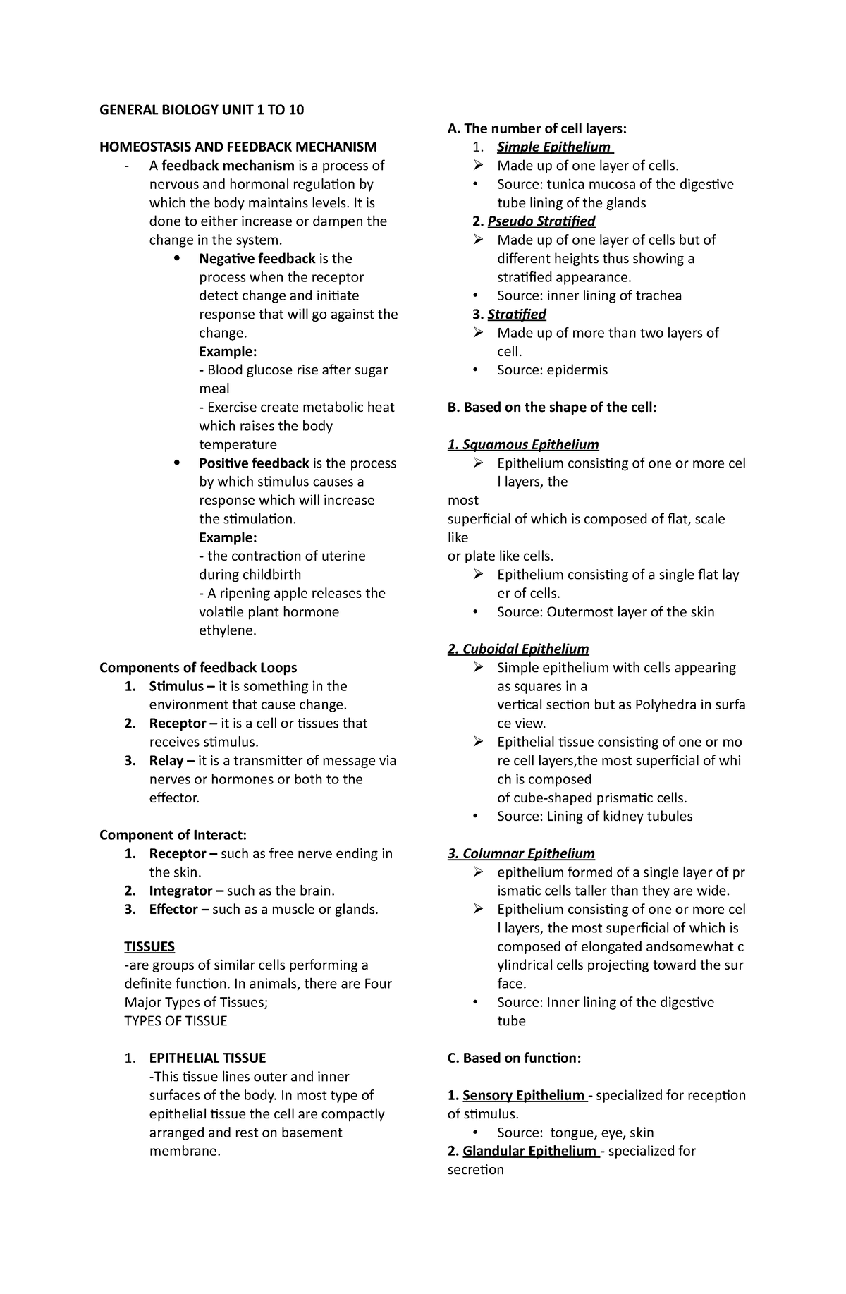 Gen Biolgy 2 - LECTURE NOTES - GENERAL BIOLOGY UNIT 1 TO 10 HOMEOSTASIS ...