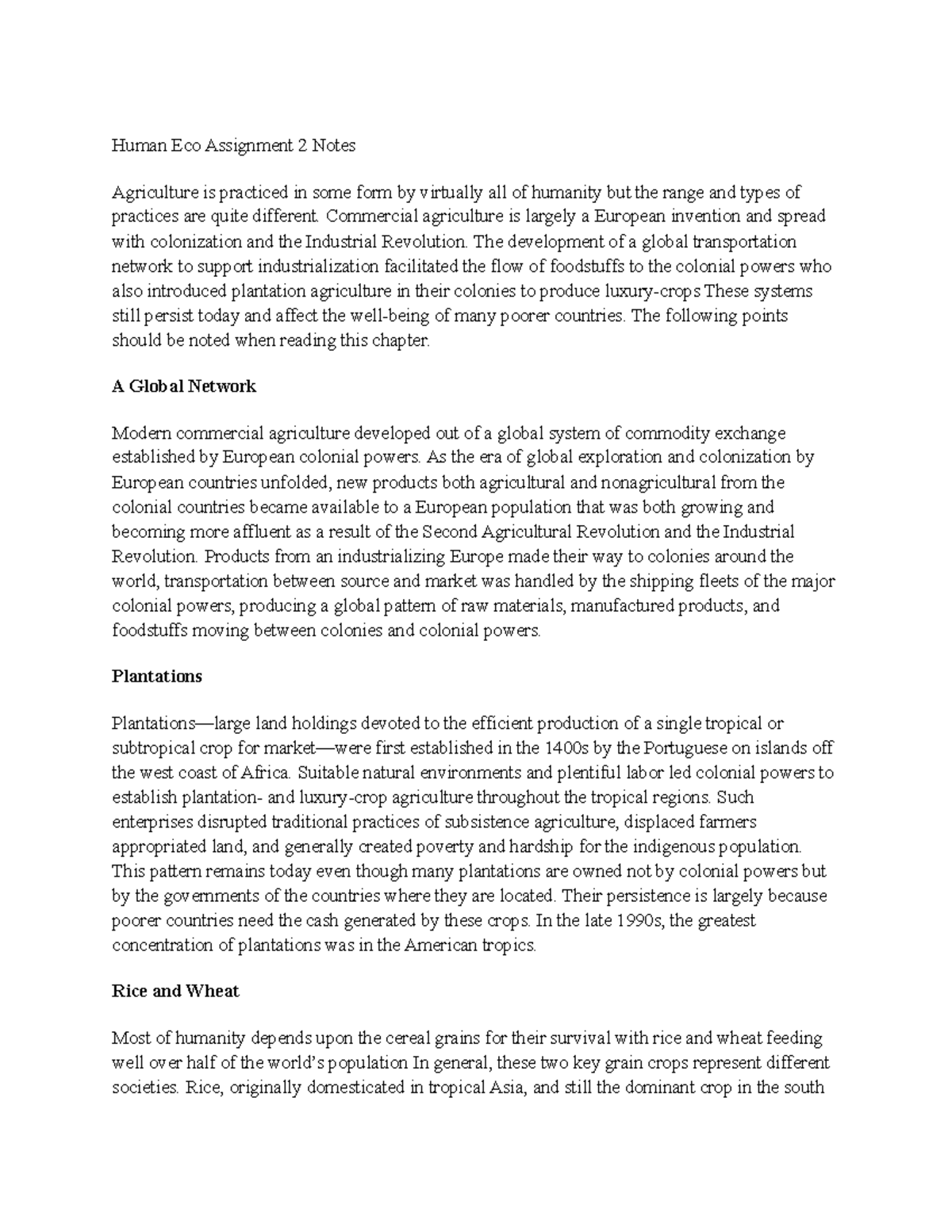 Human Eco Assignment 2 Notes - Human Eco Assignment 2 Notes Agriculture ...