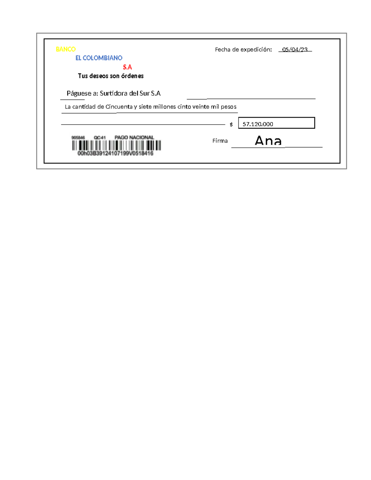 Cheque 4 - Derecho constitucional - BANCO EL COLOMBIANO S Tus deseos ...