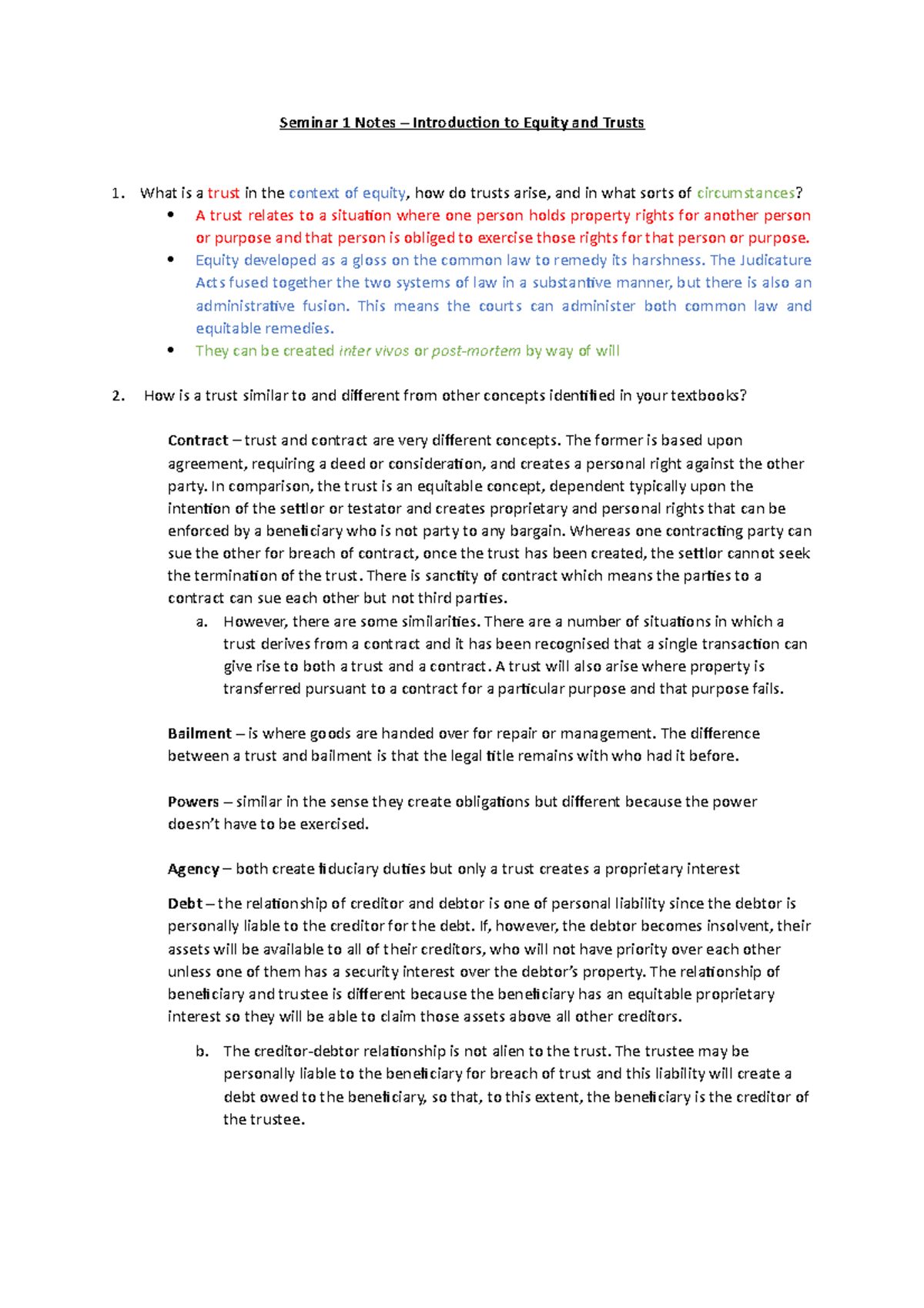Seminar 1 Notes - Introduction to Equity and Trusts - Seminar 1 Notes ...