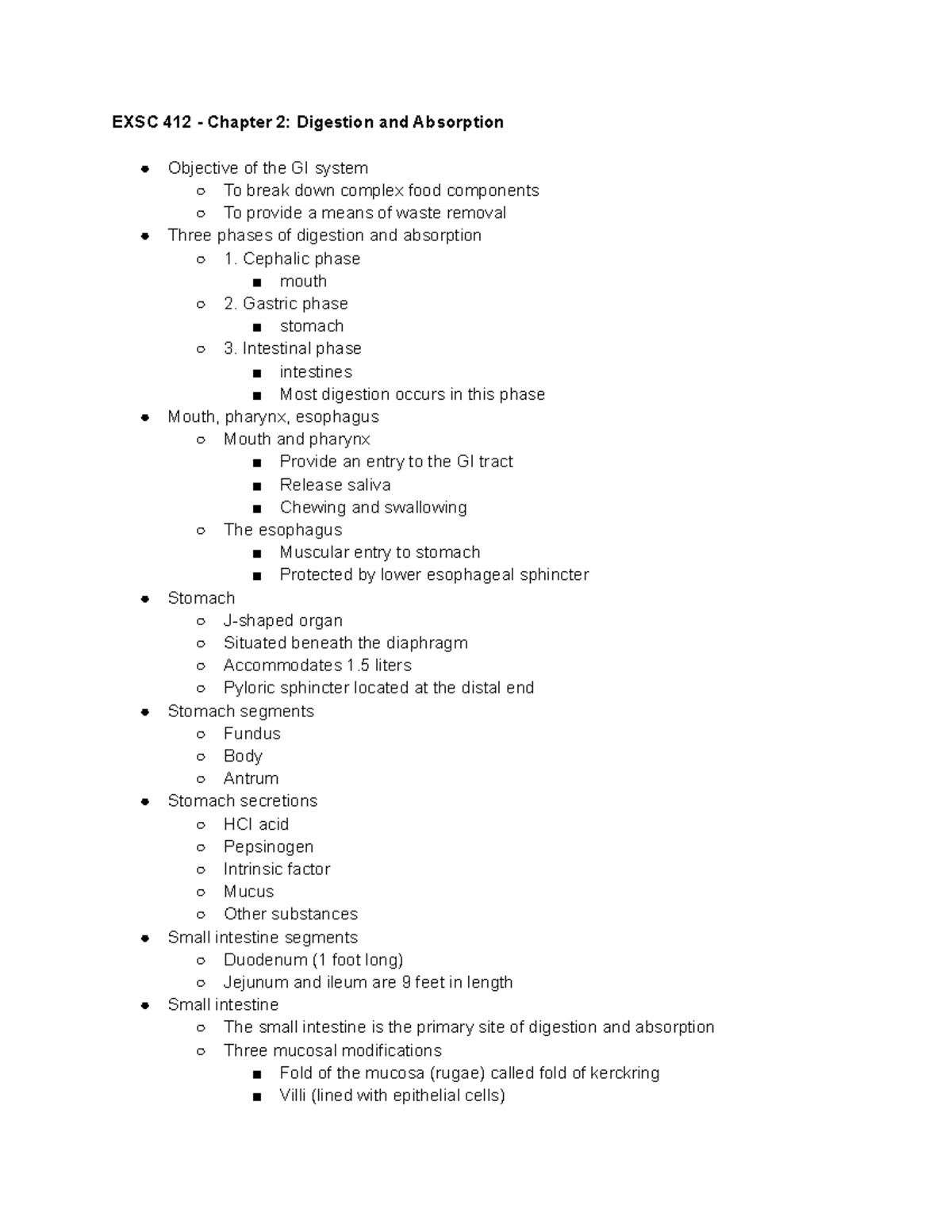 EXSC 412 Chp 2 - chapter 2 notes - EXSC 412 - Chapter 2: Digestion and ...
