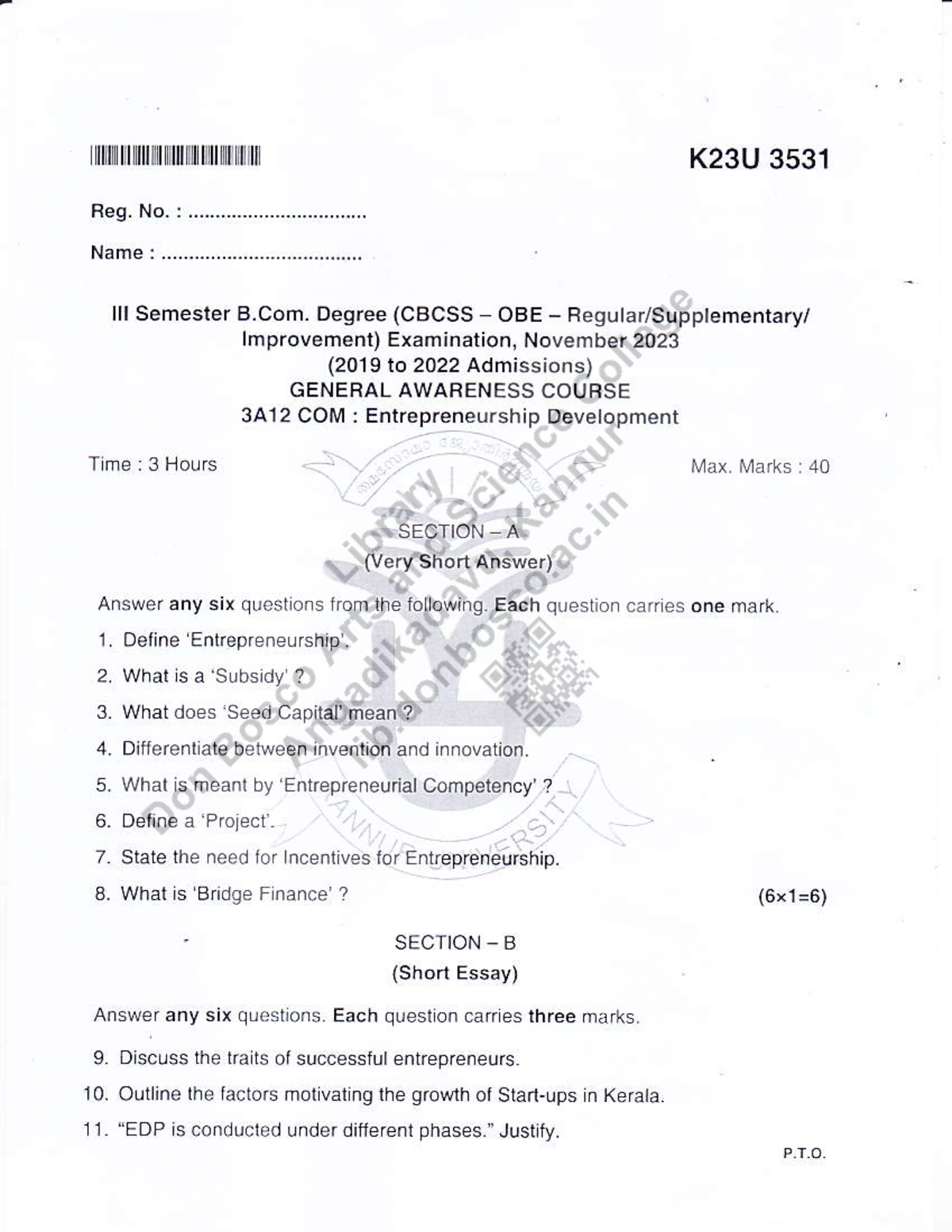 EDP QNS Paper 2023 - Entrepreneurship development - lll llllfl Il lr r ...