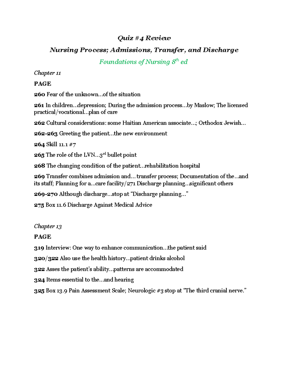 #4 NP-Admission, Transfer, and Discharge - Quiz #4 Review Nursing ...