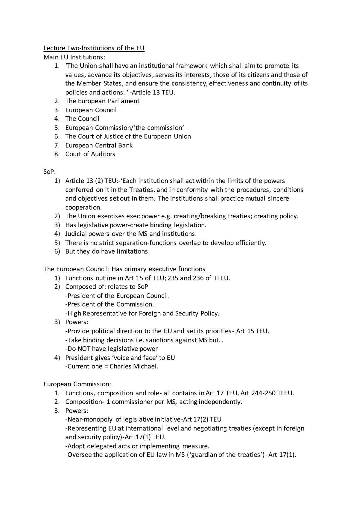 Lecture Two-Institutions - ‘The Union shall have an institutional ...