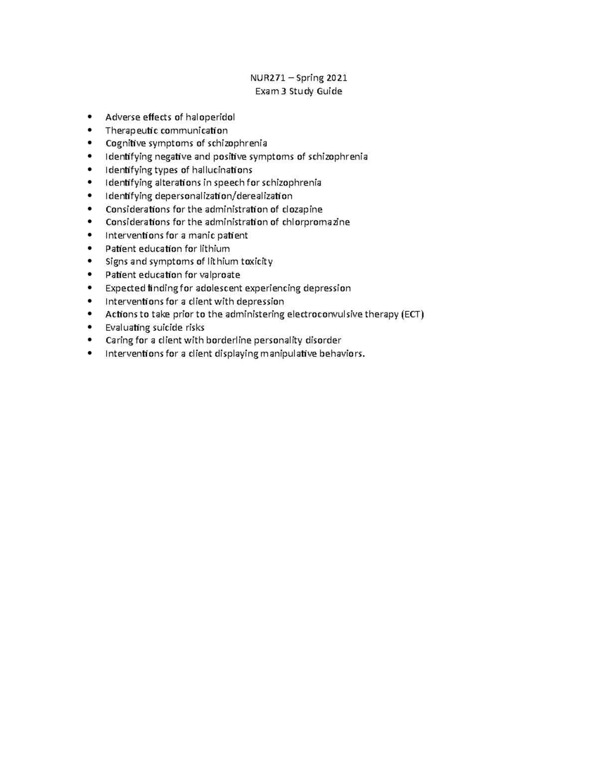 Study Guide for Exam 3 MENTAL HEALTH - NUR271 – Spring 2021 Exam 3 ...