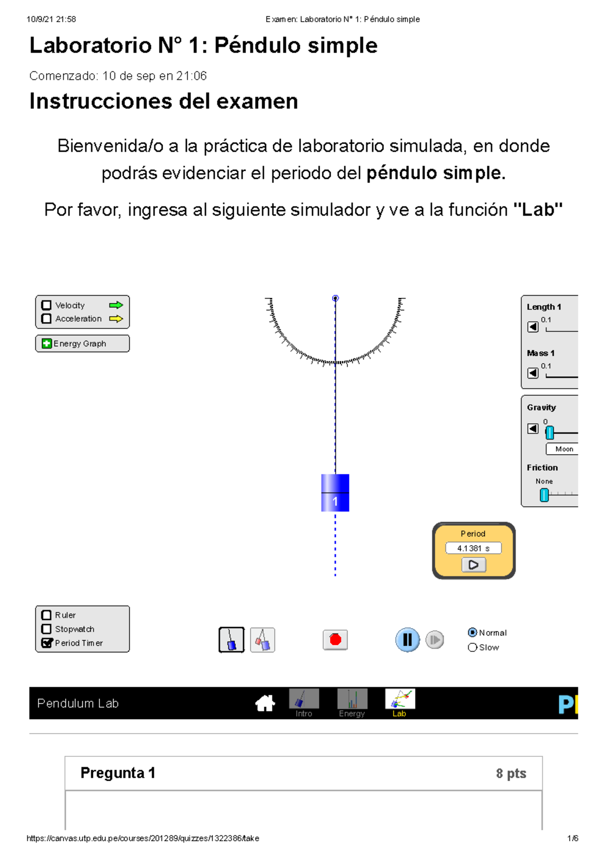 Examen Laboratorio N° 1 Péndulo simple Laboratorio N° 1 Péndulo