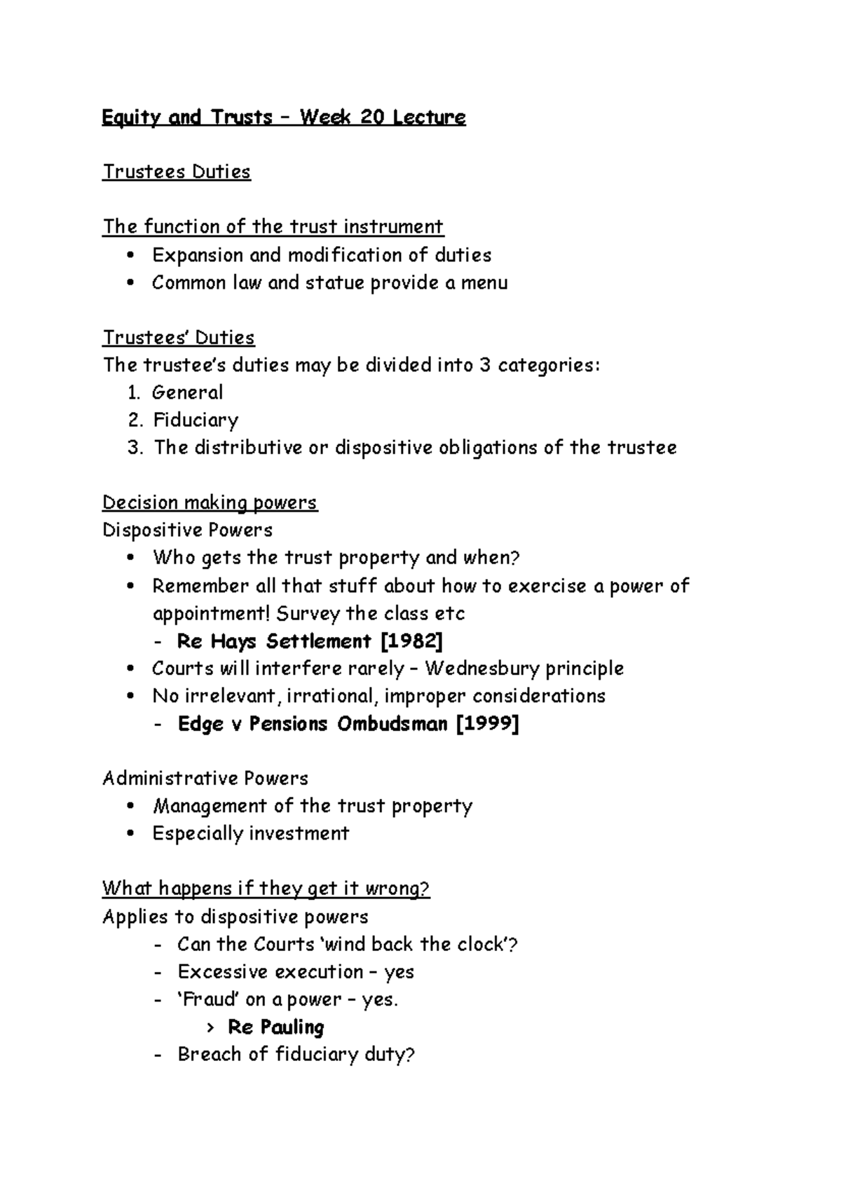 Week 20 Lecture - Equity and Trusts – Week 20 Lecture Trustees Duties ...
