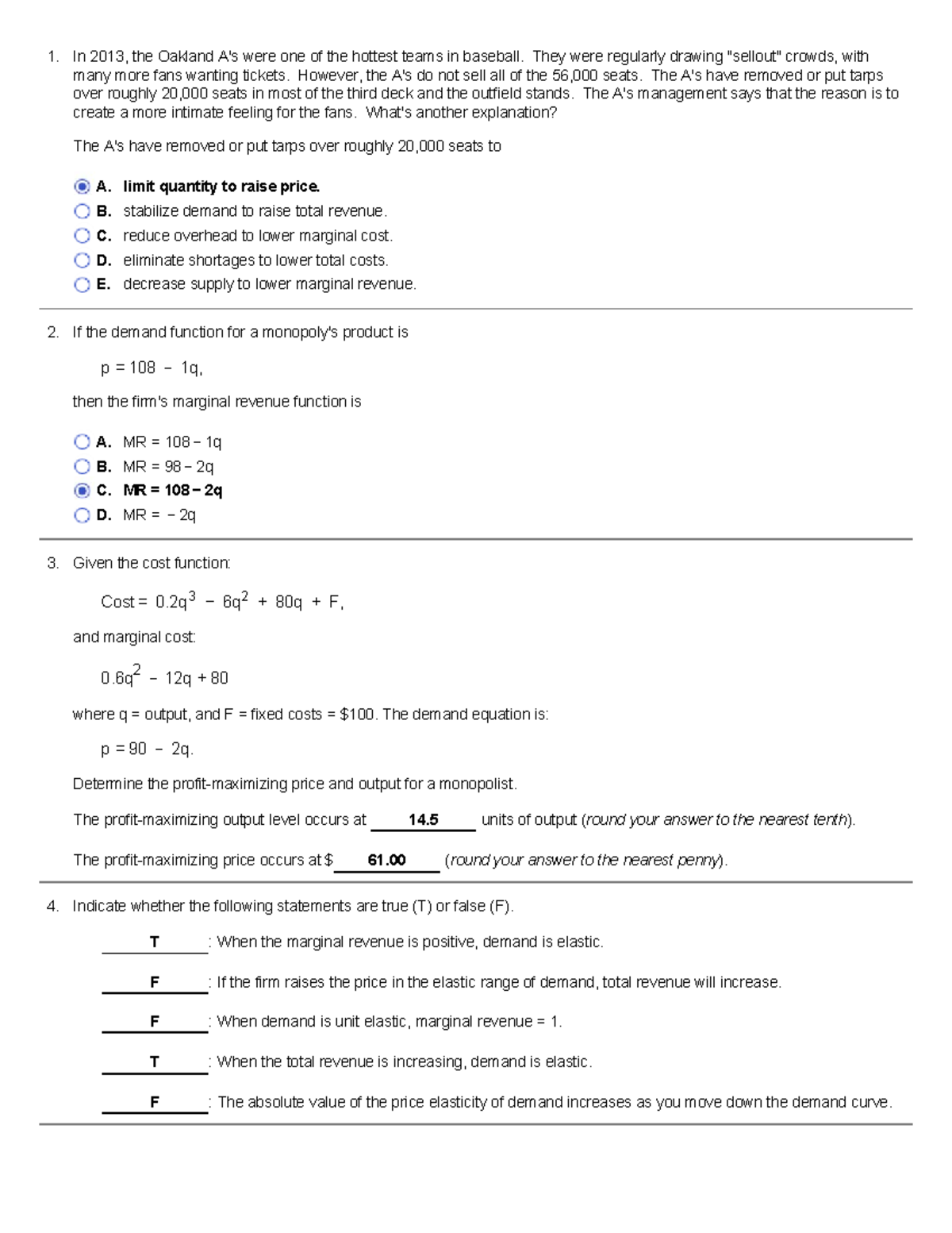 Chapter 11 Monopoly Quiz - 1. 2. 3. 4. In 2013, the Oakland A's were ...