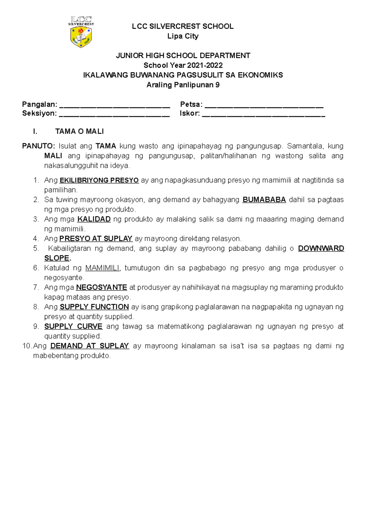 2ND MT IN AP 9 SY 2021 2022 - LCC SILVERCREST SCHOOL Lipa City JUNIOR ...