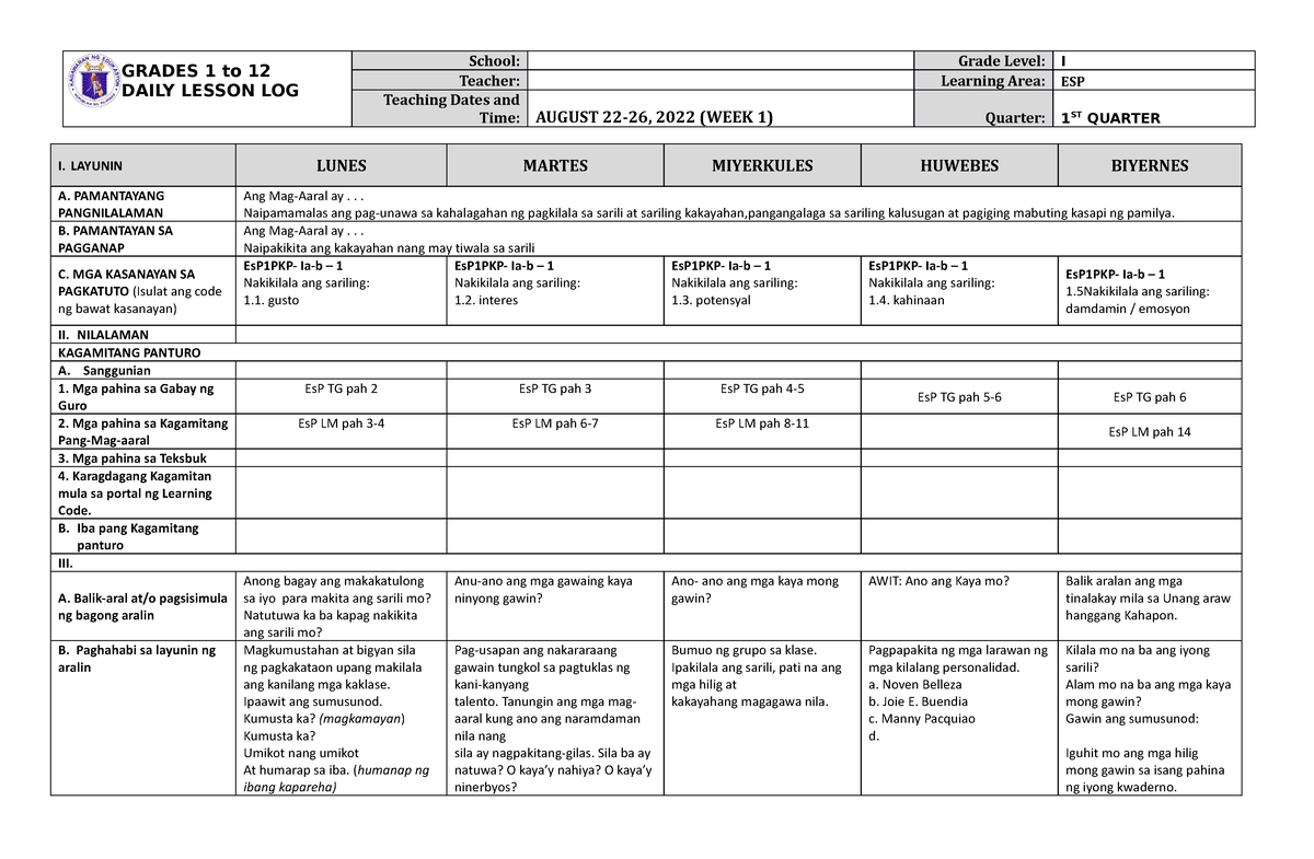 DLL ESP 1 Q1 W1 - Daily Lesson Plan - GRADES 1 To 12 DAILY LESSON LOG ...