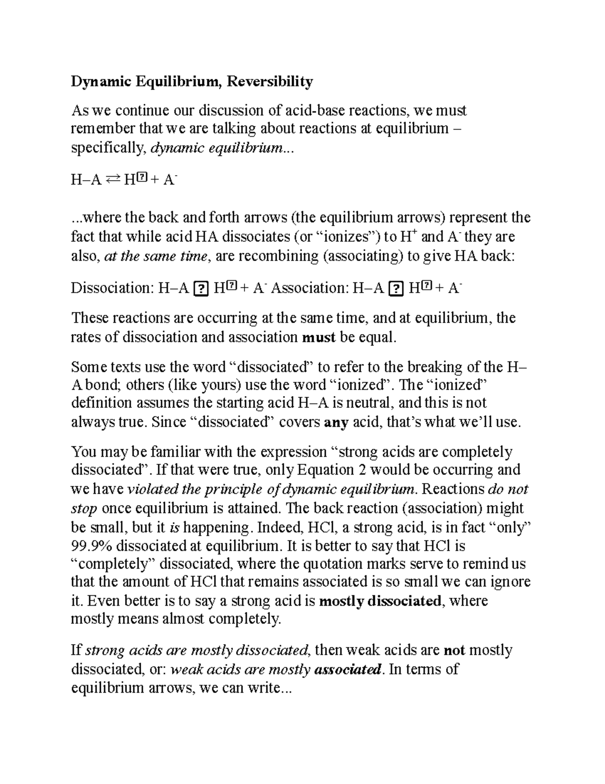 Strong Acids And Weak Acids Dynamic Equilibrium Reversibility As We
