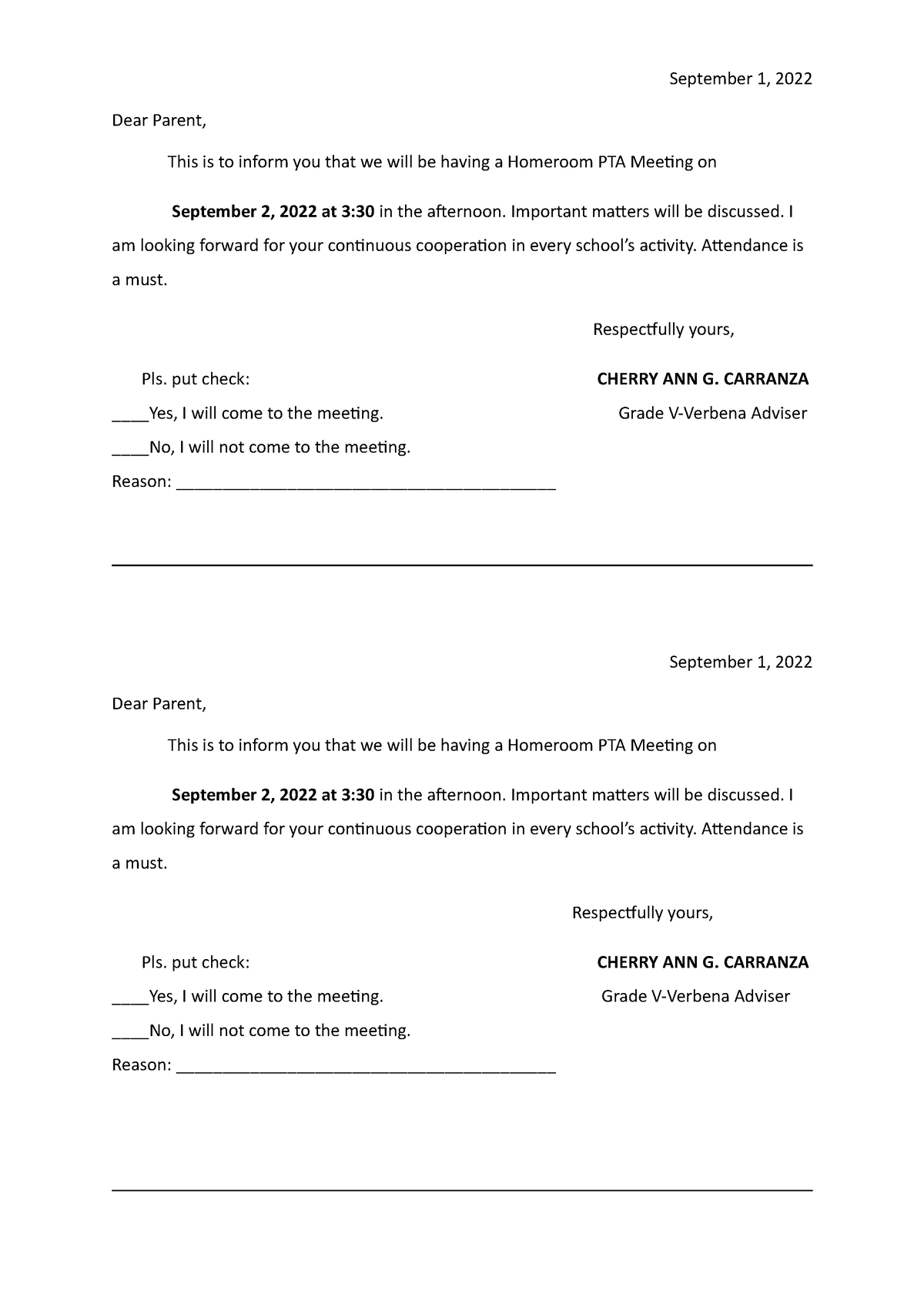 Hrpta meeting invitation September 1 2022 Dear Parent This Is To 