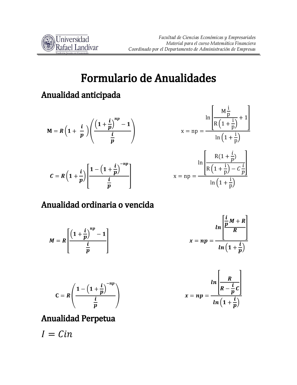 Formulario Anualidades Facultad De Ciencias Económicas Y Empresariales Material Para El Curso 7951
