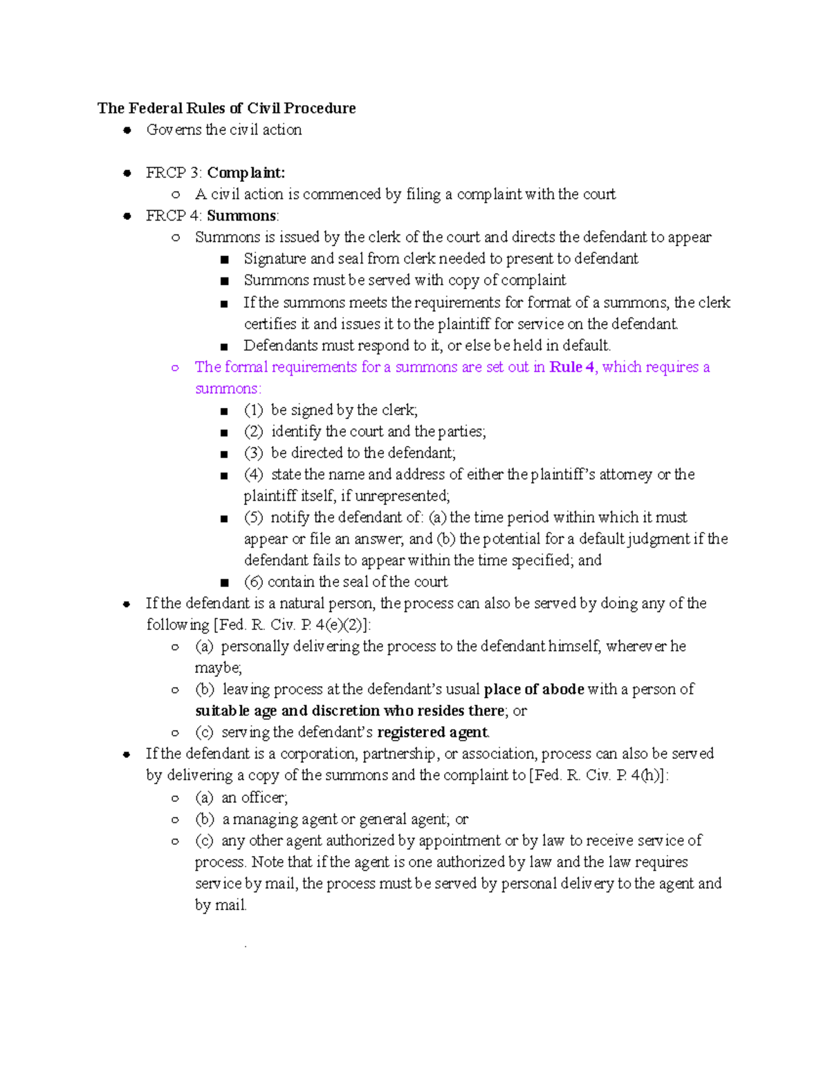 Civil Procedure Outline The Federal Rules of Civil Procedure Governs