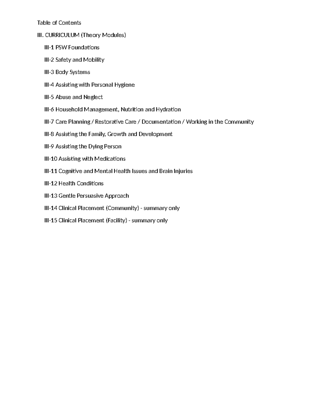 Module 1 - PSW Foundations - Table of Contents III. CURRICULUM (Theory ...