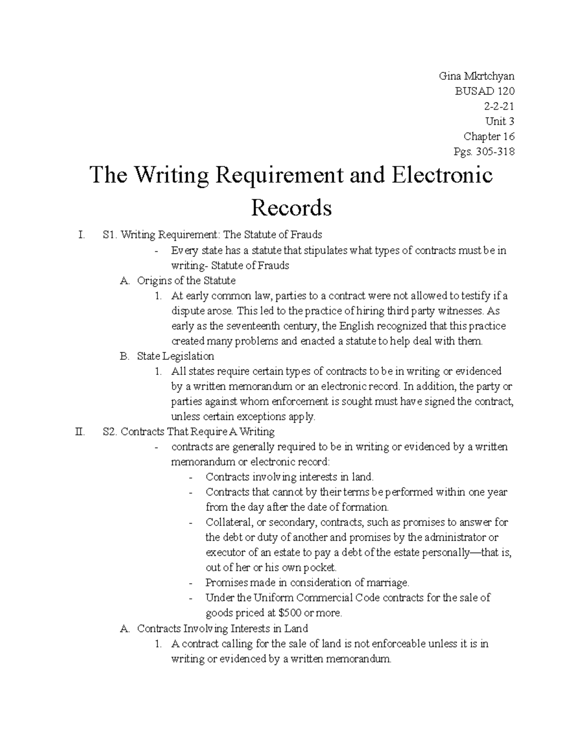 BUSAD 120 - Business Law I #1023 - Winter 2021 U.3 Ch.16 - Gina ...