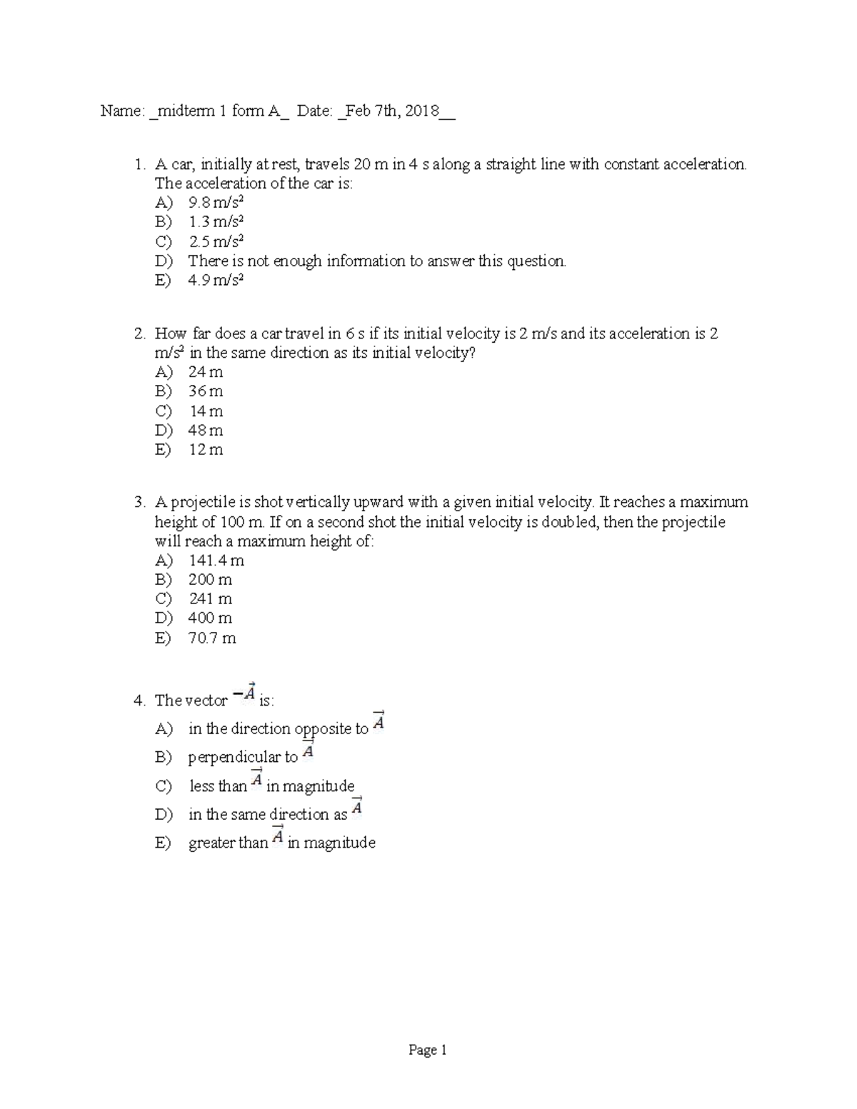Midterm 1 Form A Solutions Name Midterm 1 Form A Date Feb 7th 2018