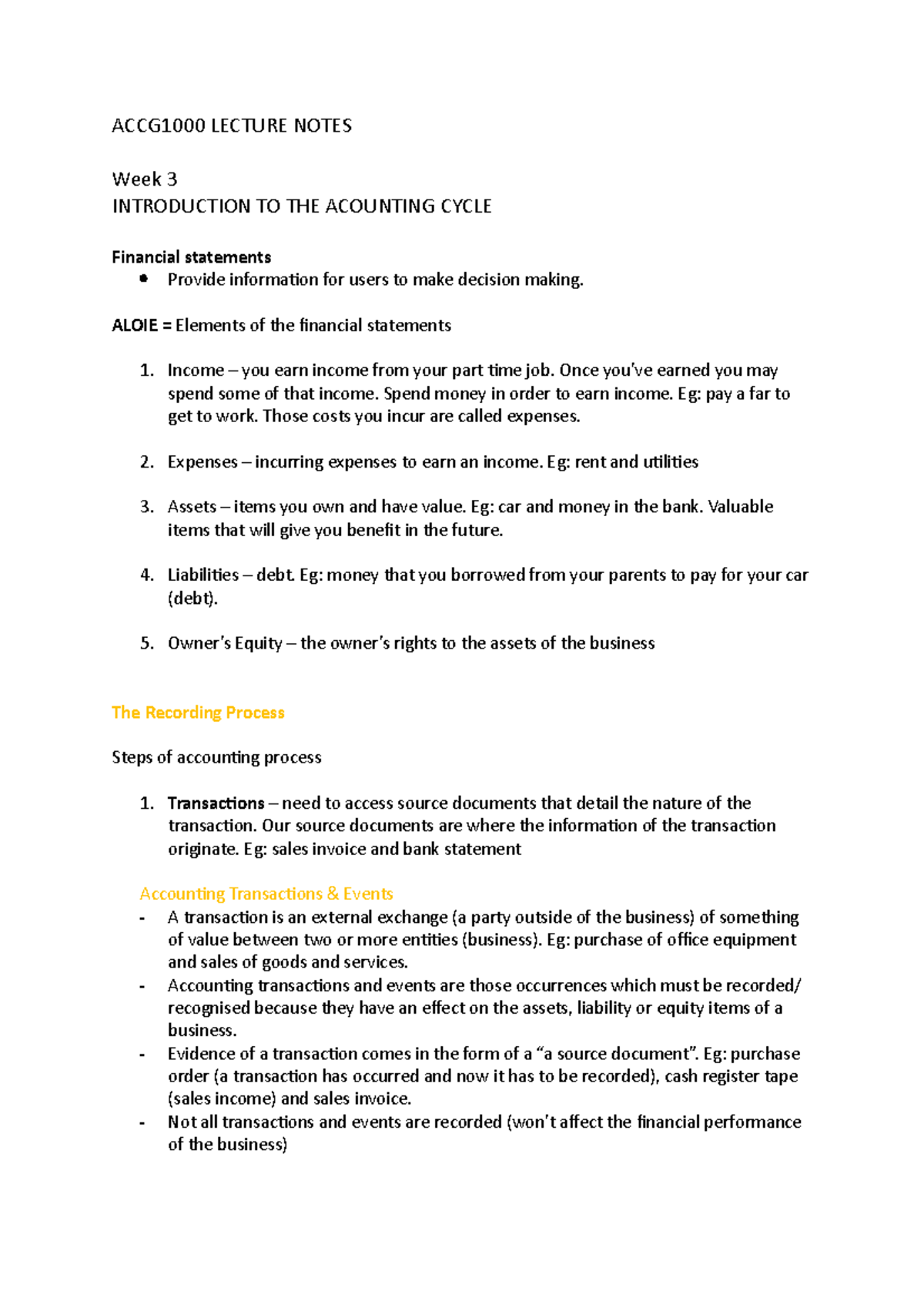 Week 3 note - Week 3 lecture notes of ACCG1001 to further the ...