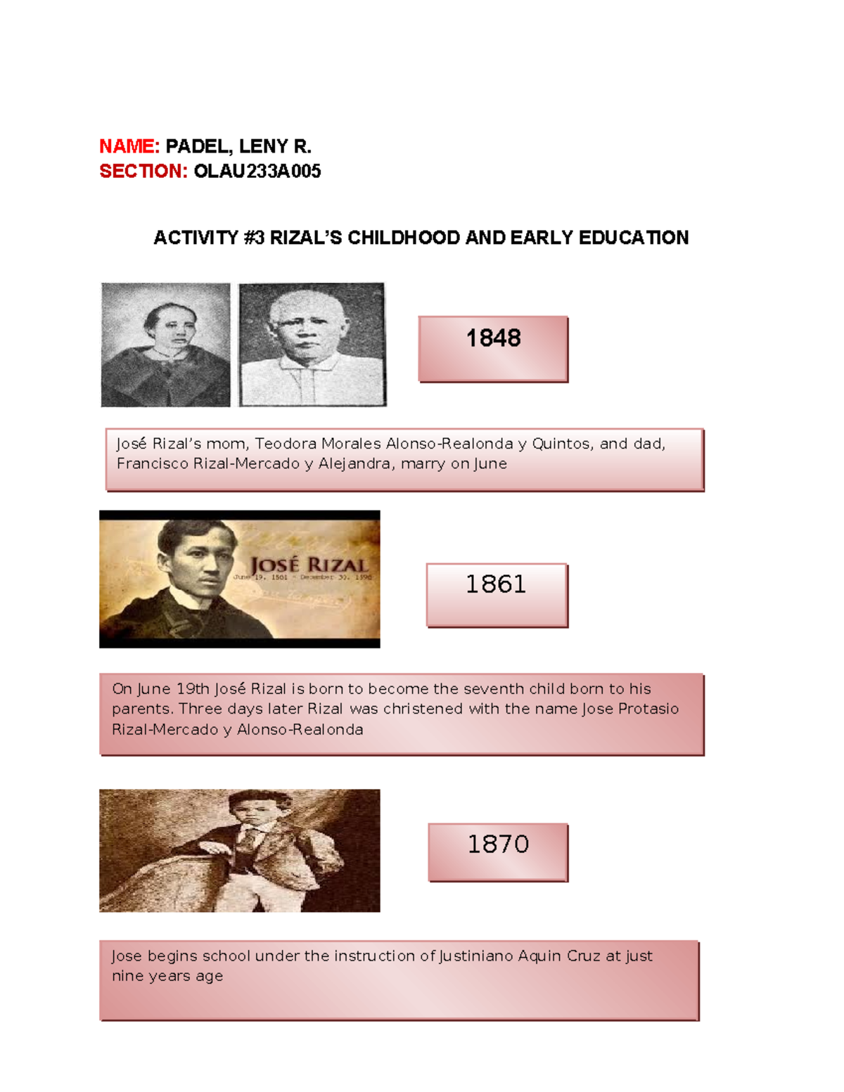 Rizal CHILDHOOD TIMELINE - NAME: PADEL, LENY R. SECTION: OLAU233A ...