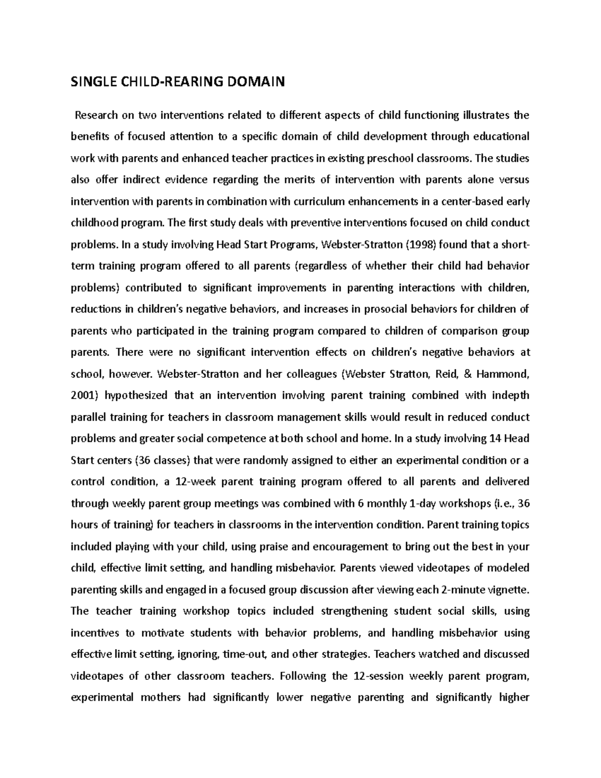 Single Child- Rearing Domain - SINGLE CHILD-REARING DOMAIN Research on ...