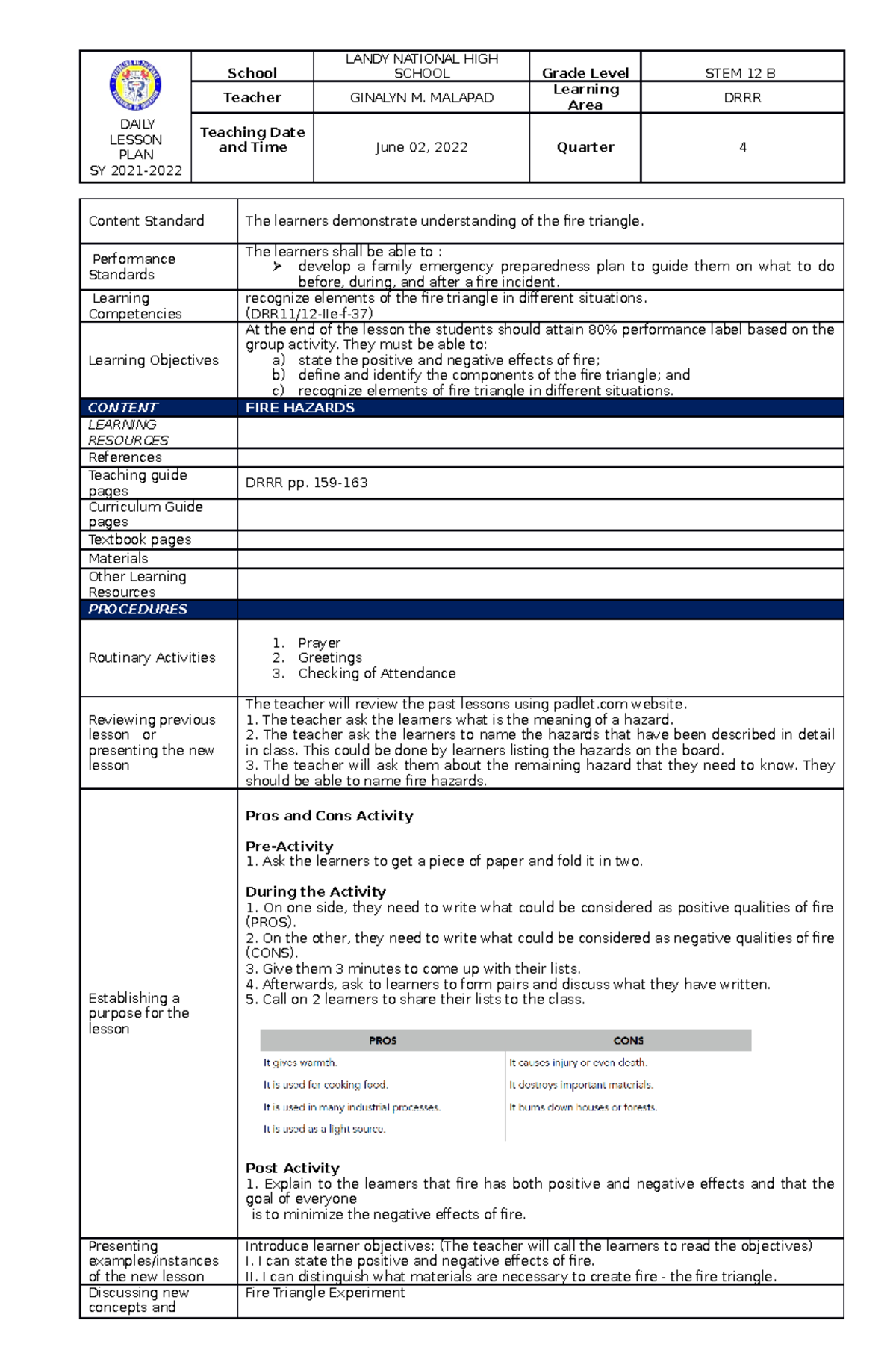 Daily Lesson PLAN fire hazards DAILY LESSON PLAN SY 2021 School