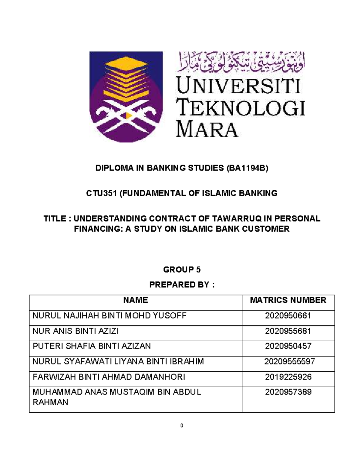Ctu231 Report Group 5 Diploma In Banking Studies Ba1194b Ctu351 Fundamental Of Islamic Studocu