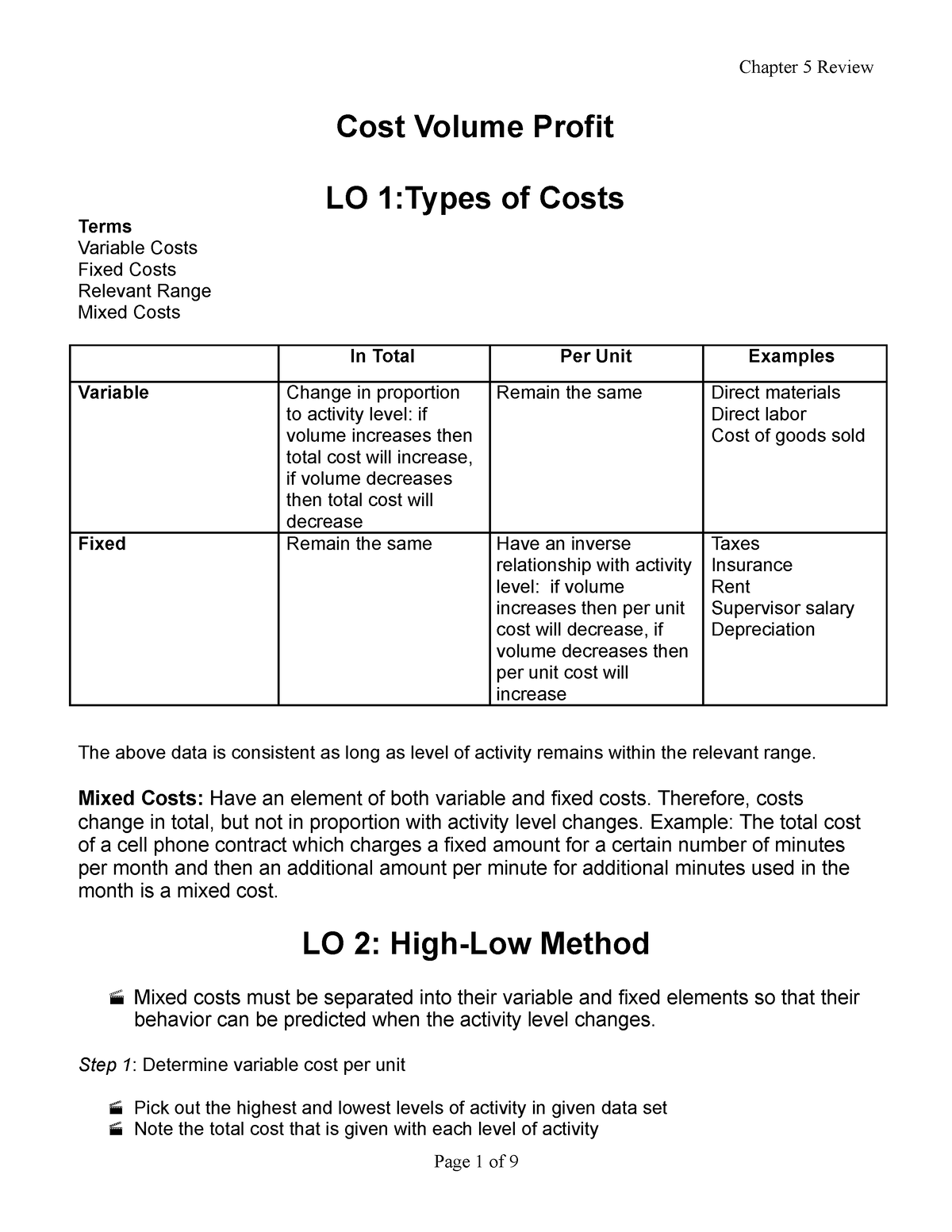 Chapter 5 REV - Cost Volume Profit LO 1:Types of Costs Terms Variable ...