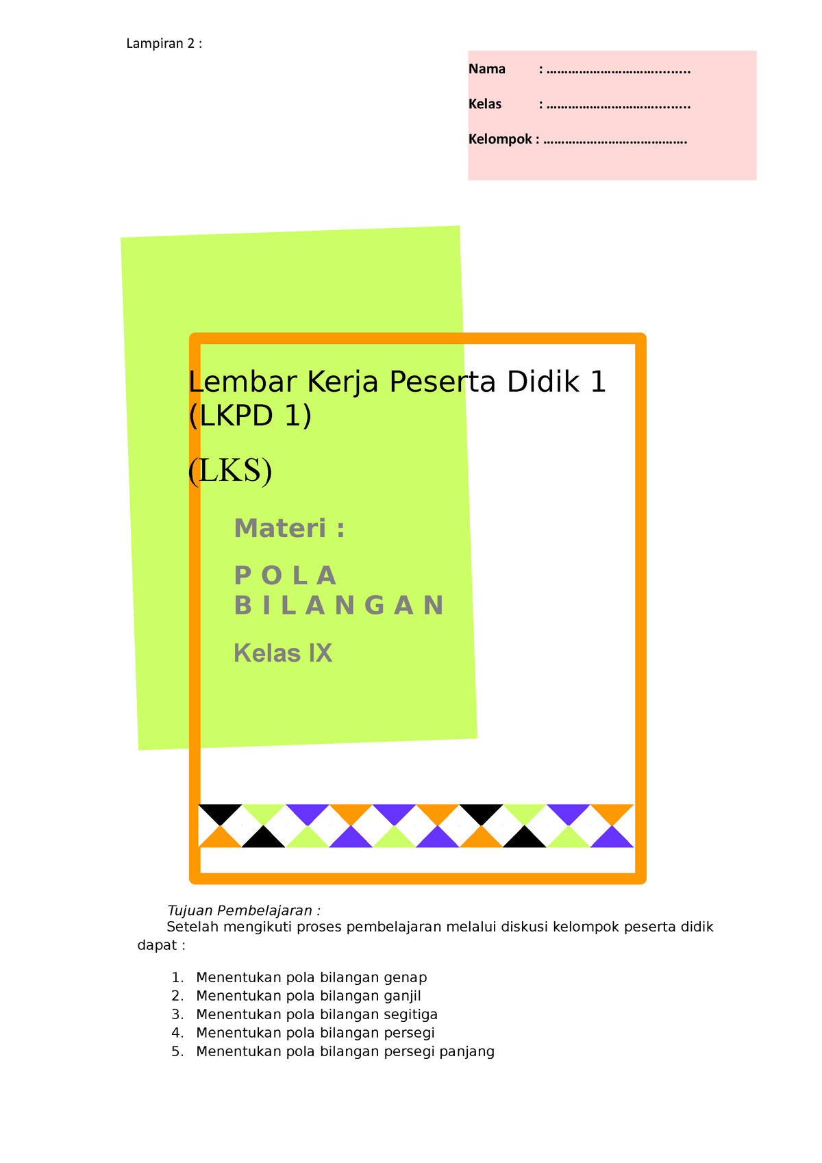 LKPD POLA Bilangan - Latihan Untuk Siswa SMP Kelas 8 - Materi : P O L A ...