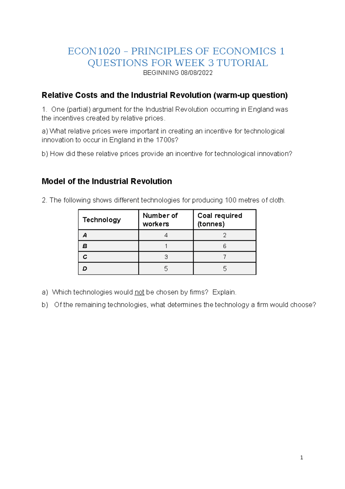 ECON1020 S2 2022 Week 3 Tutorial - Questions - ECON1020 – PRINCIPLES OF ...