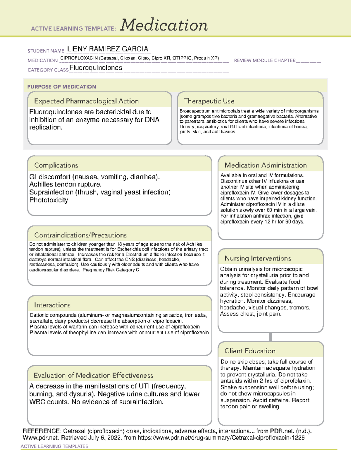 Ciprofloxacin MED Cards ACTIVE LEARNING TEMPLATES Medication STUDENT