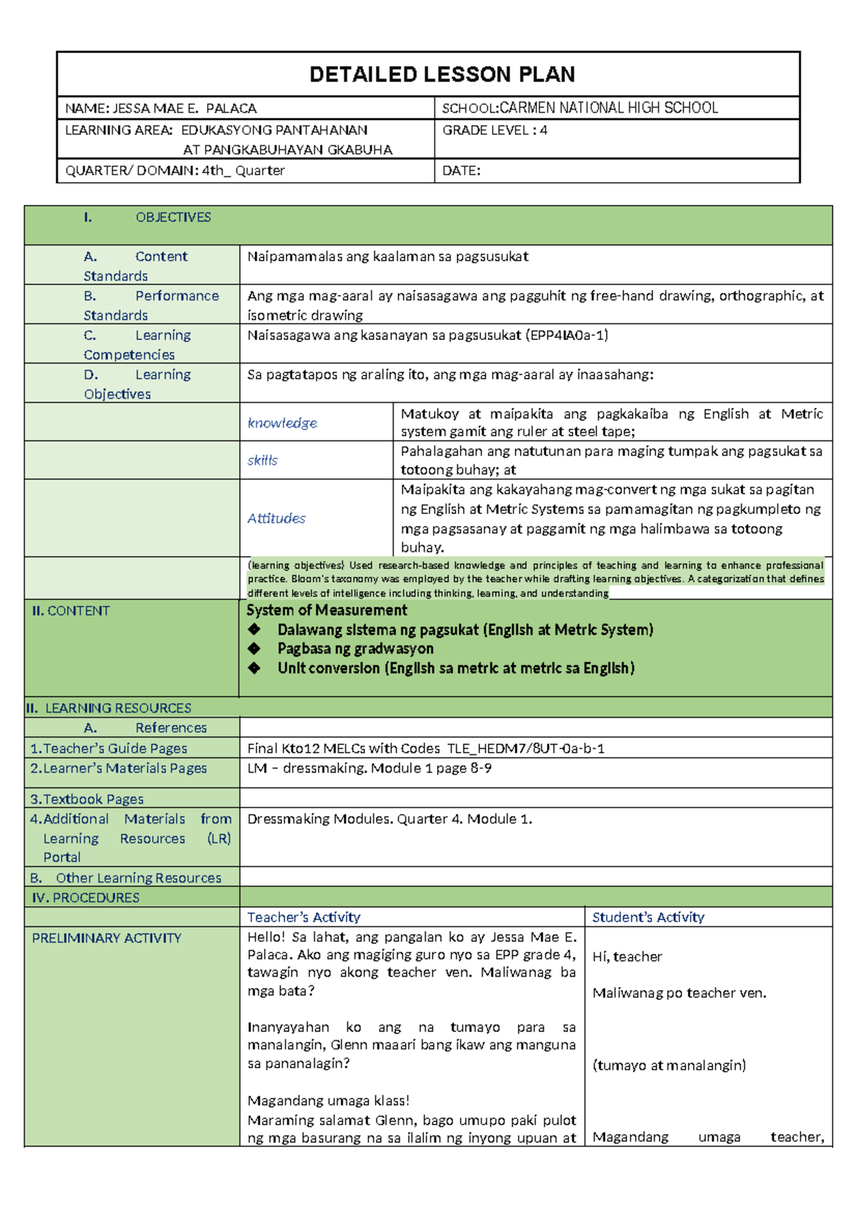 EPP LP DEMO - EPP LP DEMO mensuration - NAME: JESSA MAE E. PALACA ...