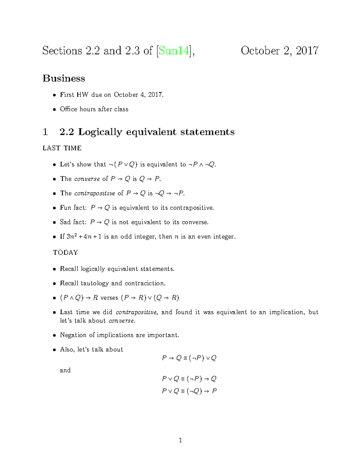 Math 300 Notes section 2.2 2 - Sections 2 and 2 of [Sun14], October 2 ...