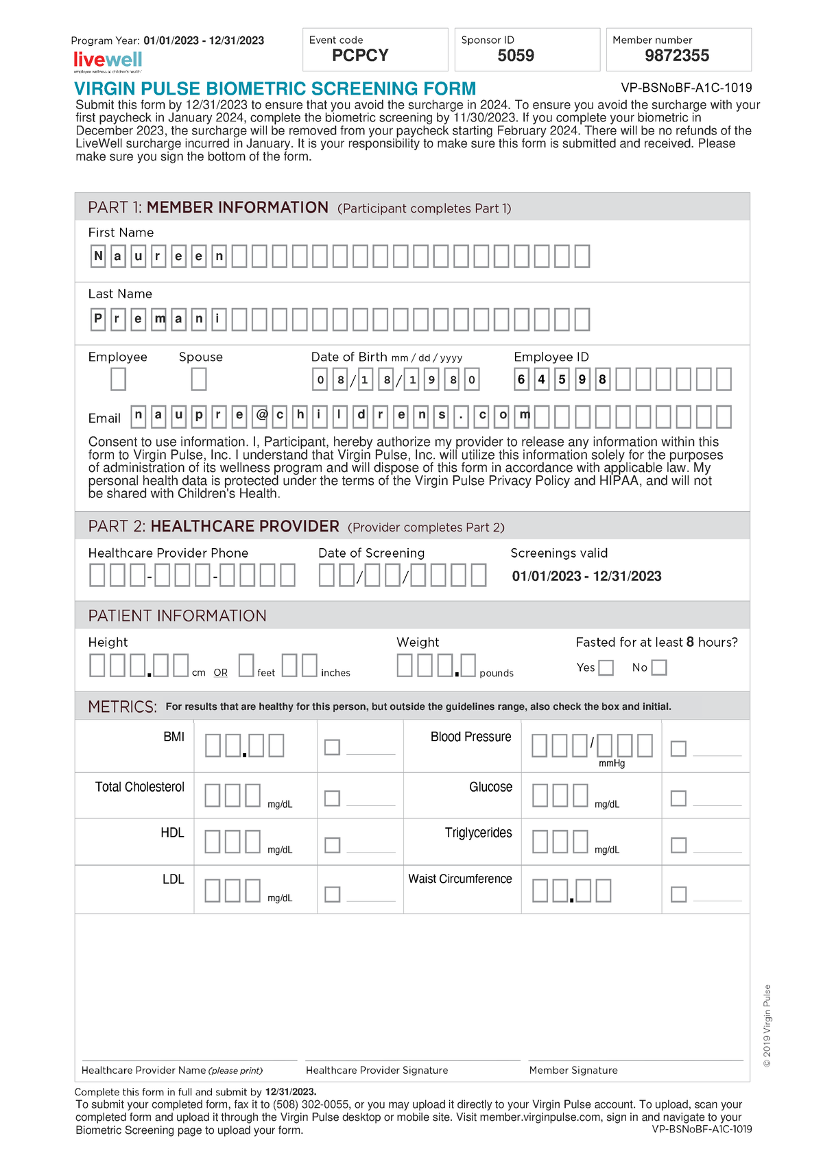 Virgin Pulse Biometric Screening Form 2023 Printable Forms Free Online