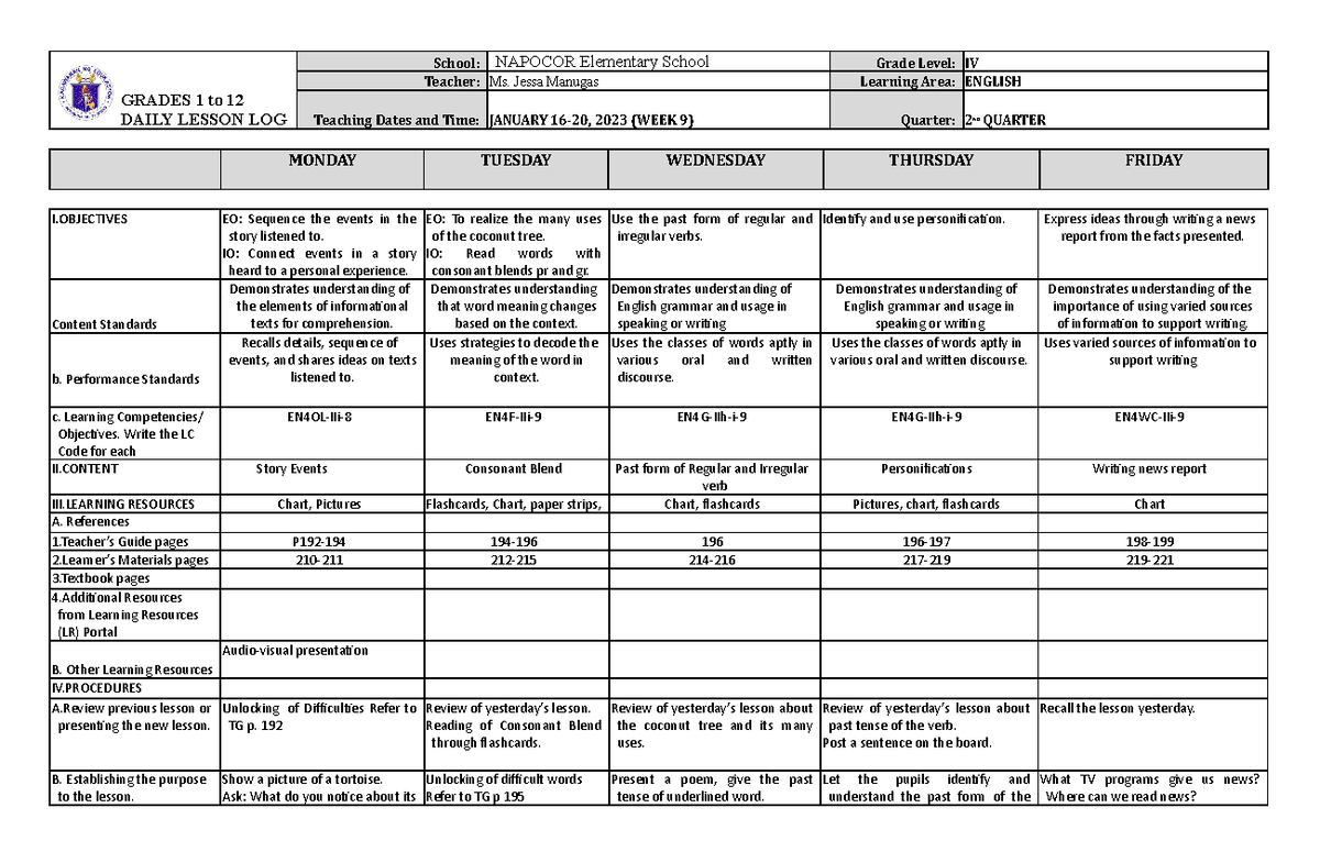 English - This is a sample daily lesson log for one week. This will ...