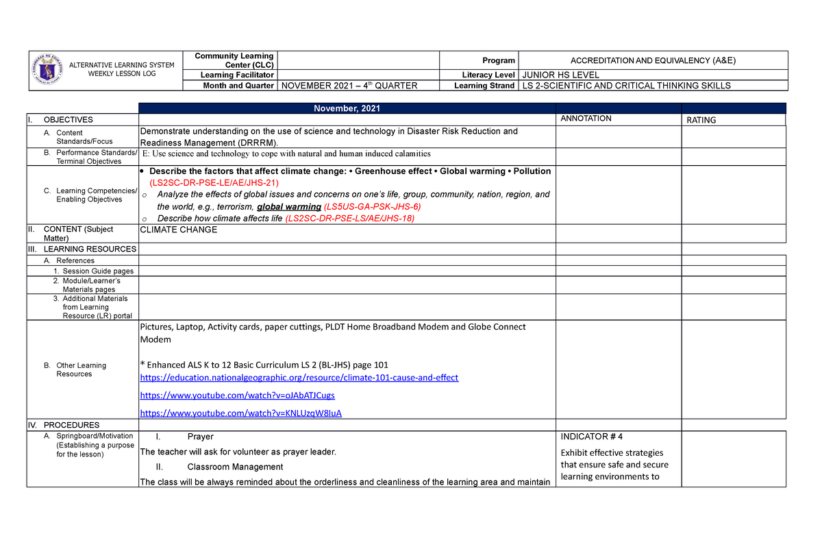 WLL on Climate Change - Sample Weekly Lesson Log for Teachers ...