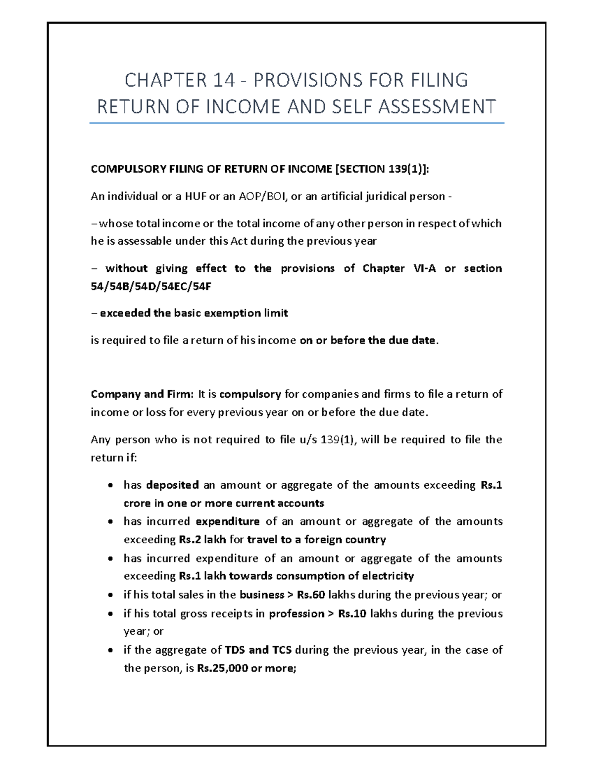 Return OF CHAPTER 14 PROVISIONS FOR FILING RETURN OF