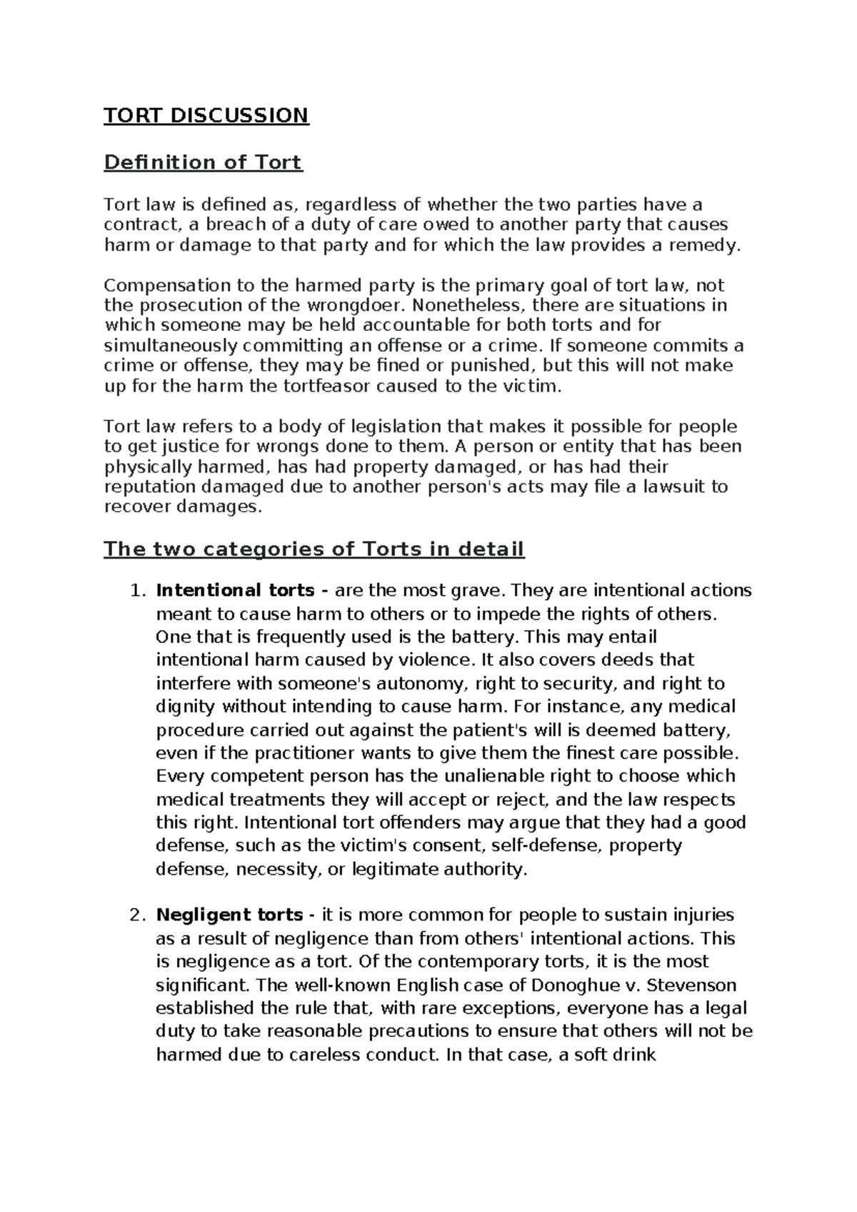TORT Discussion - TORT DISCUSSION Definition of Tort Tort law is ...