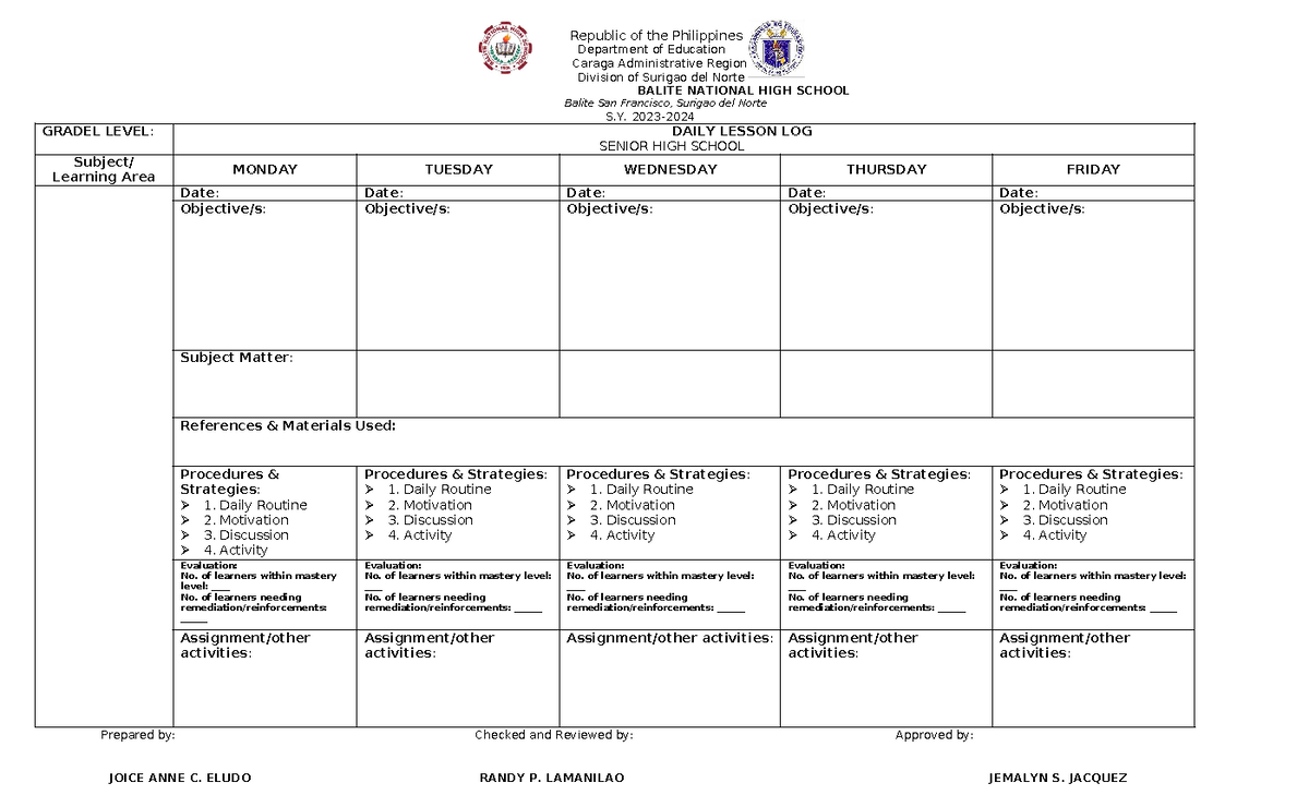 DLL Template - DLL - Republic of the Philippines Department of ...