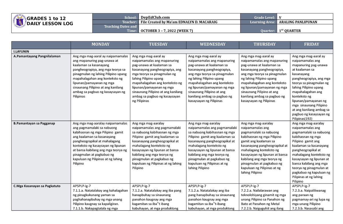 DLL Araling Panlipunan 5 Q1 W7 - GRADES 1 To 12 DAILY LESSON LOG School ...