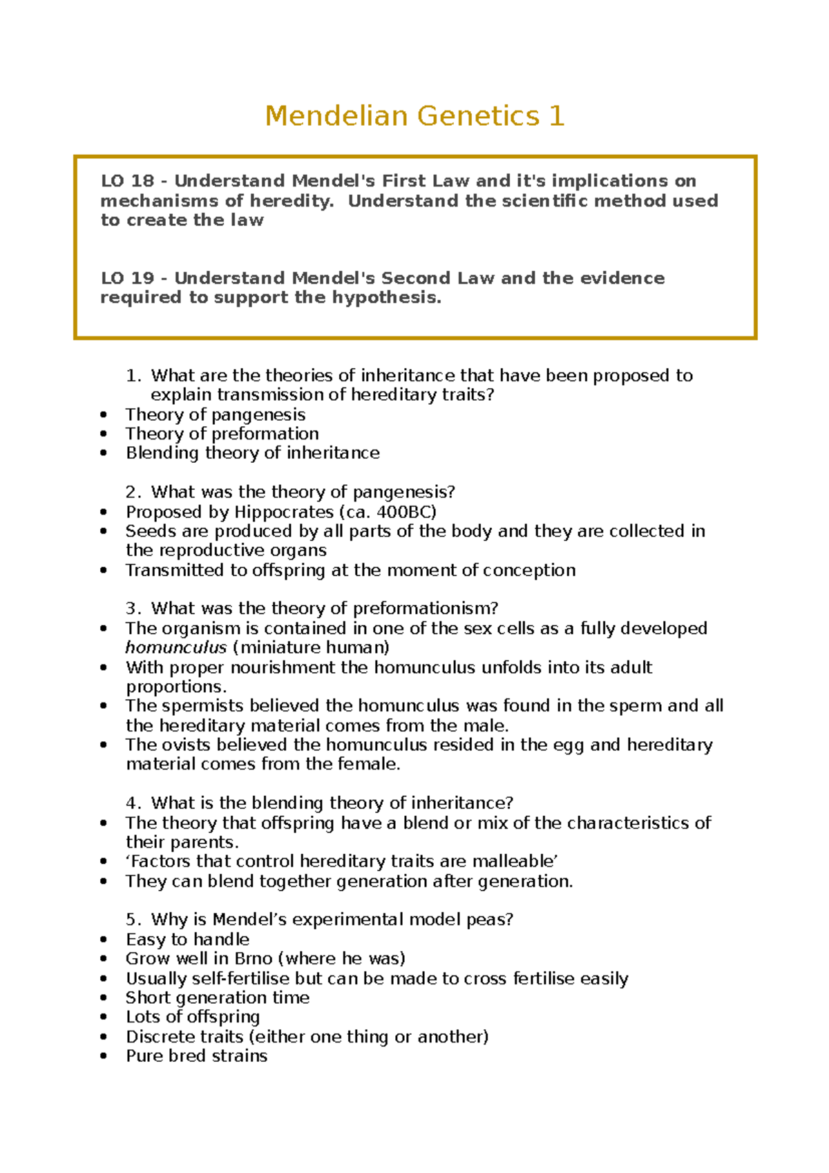 Complete W9 - Mendelian Genetics 1 BMD164/BIO163 QMUL - Mendelian ...