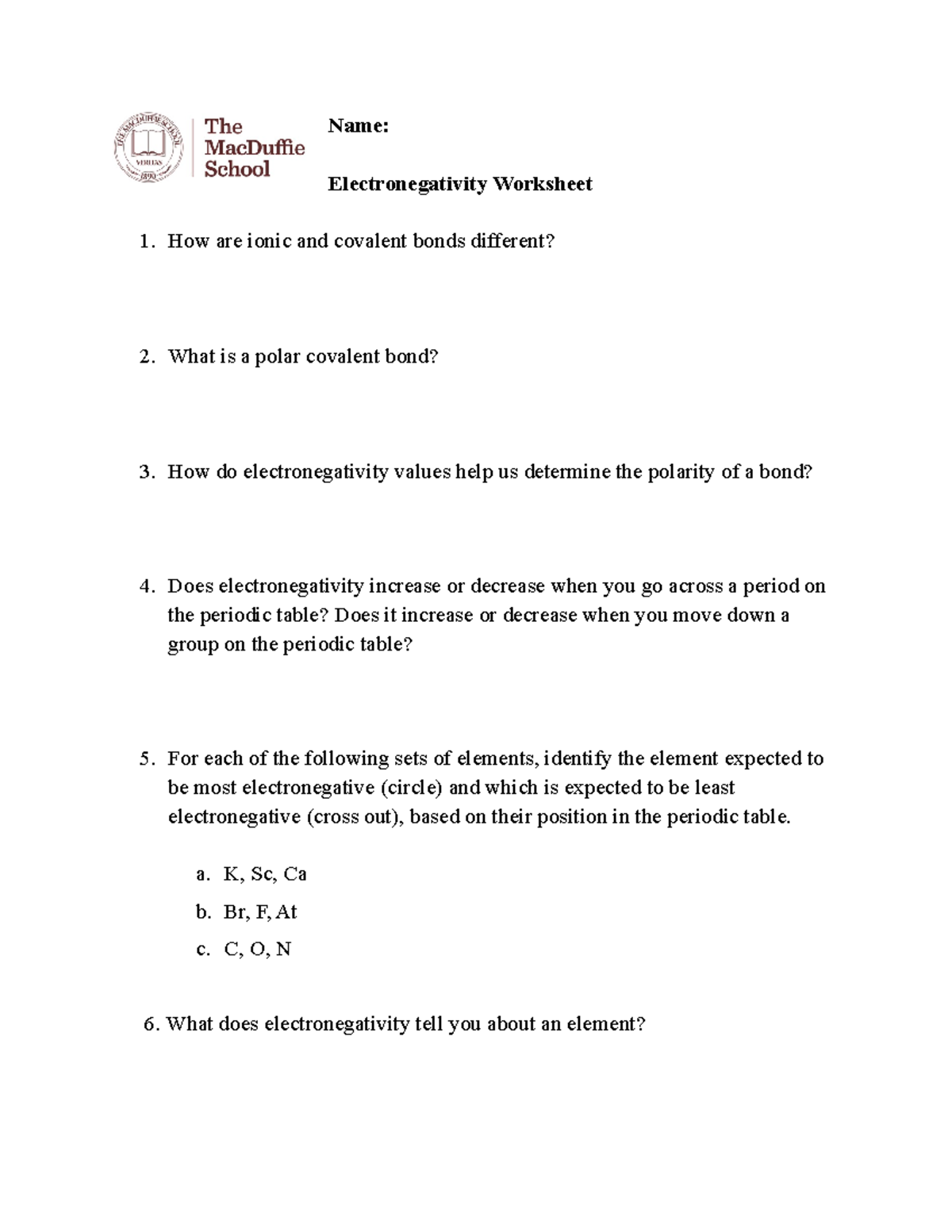 Electronegativity Worksheet - Name: Electronegativity Worksheet