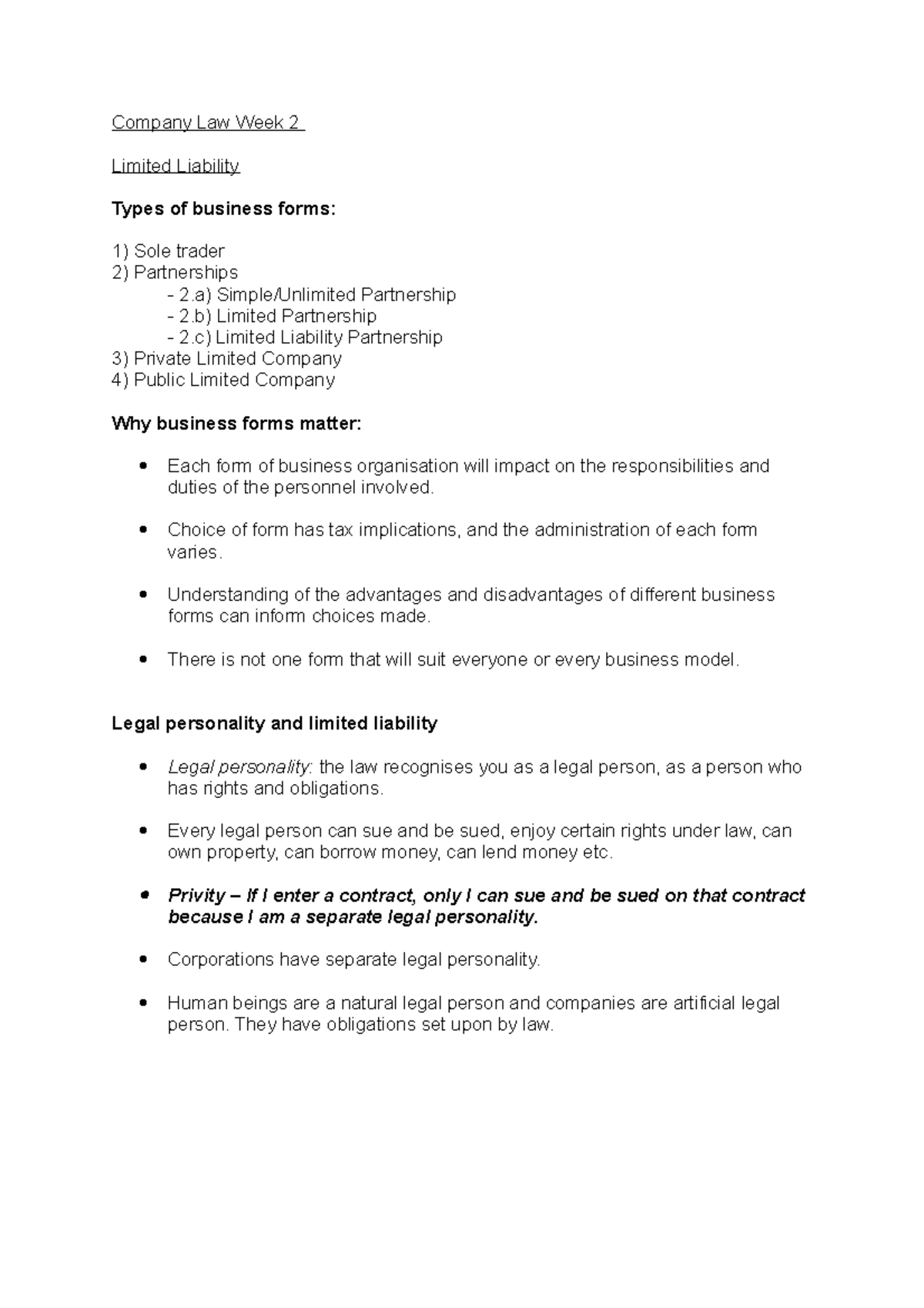 Company Law Week 2 Notes - Company Law Week 2 Limited Liability Types ...