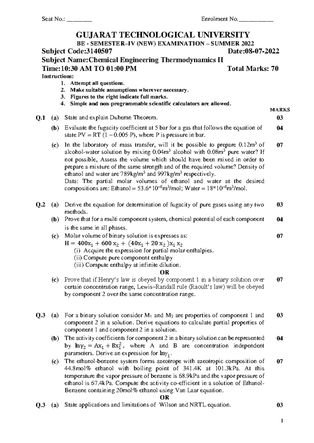 3140507 - question paper - 1 Seat No.: ________ Enrolment No ...