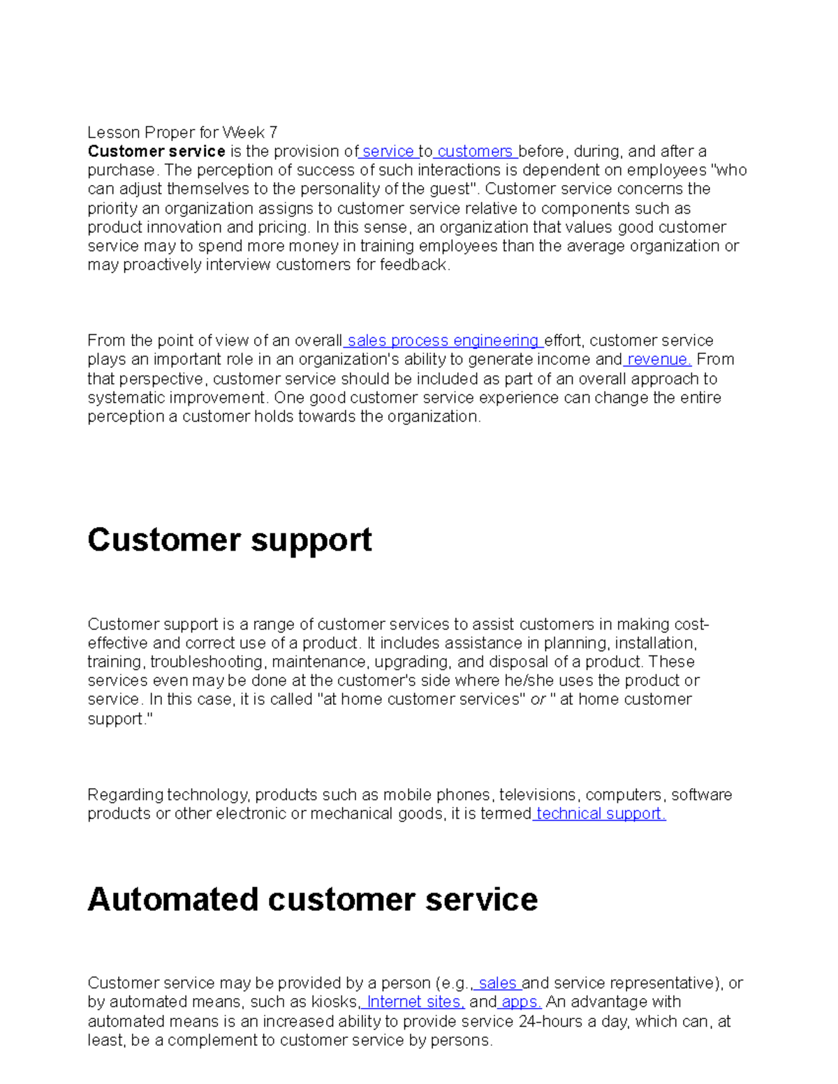 THC116WEEK711 Lesson Lesson Proper for Week 7 Customer service is