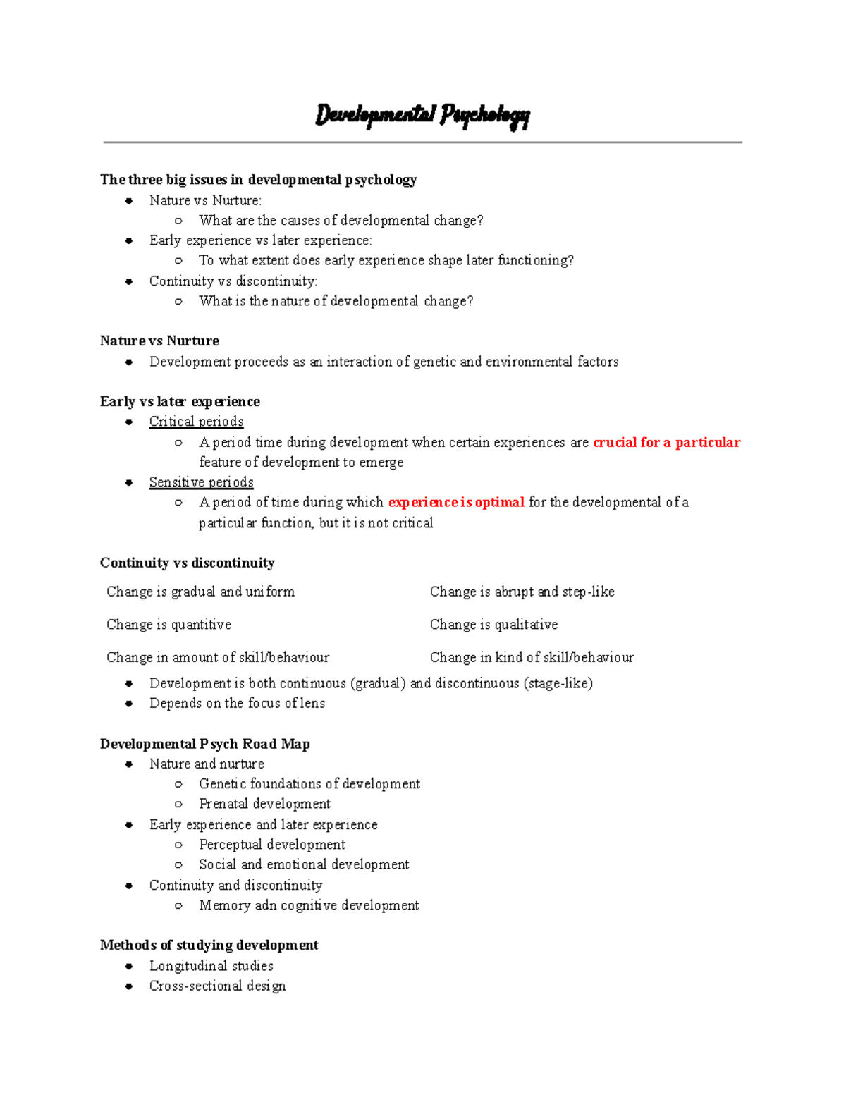 Developmental Psychology Notes - Developmental Psychology The Three Big ...